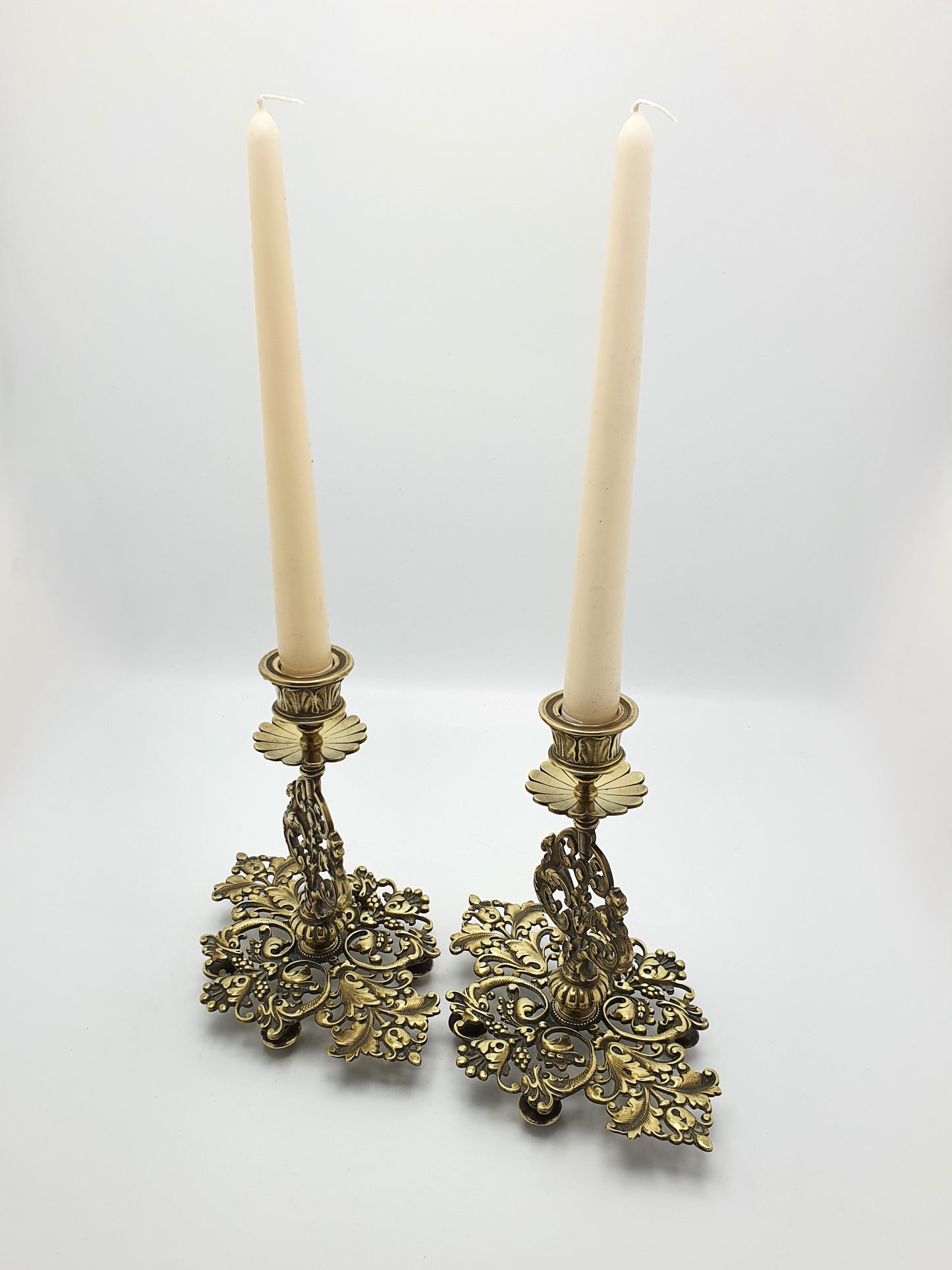 Very Nice Pair of Antique Victorian Brass Tray Based Candlesticks - circa 1890