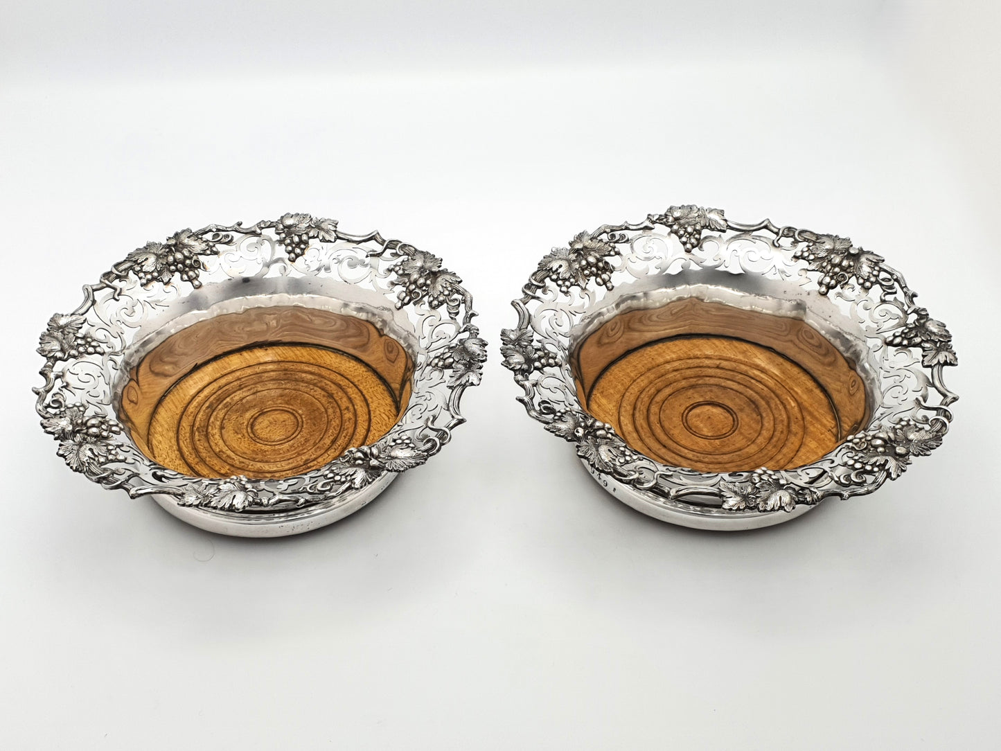 Nice Pair of Antique Victorian Pierced Silver-Plated Wine Bottle Coasters with Grape & Vine Motifs – circa 1890
