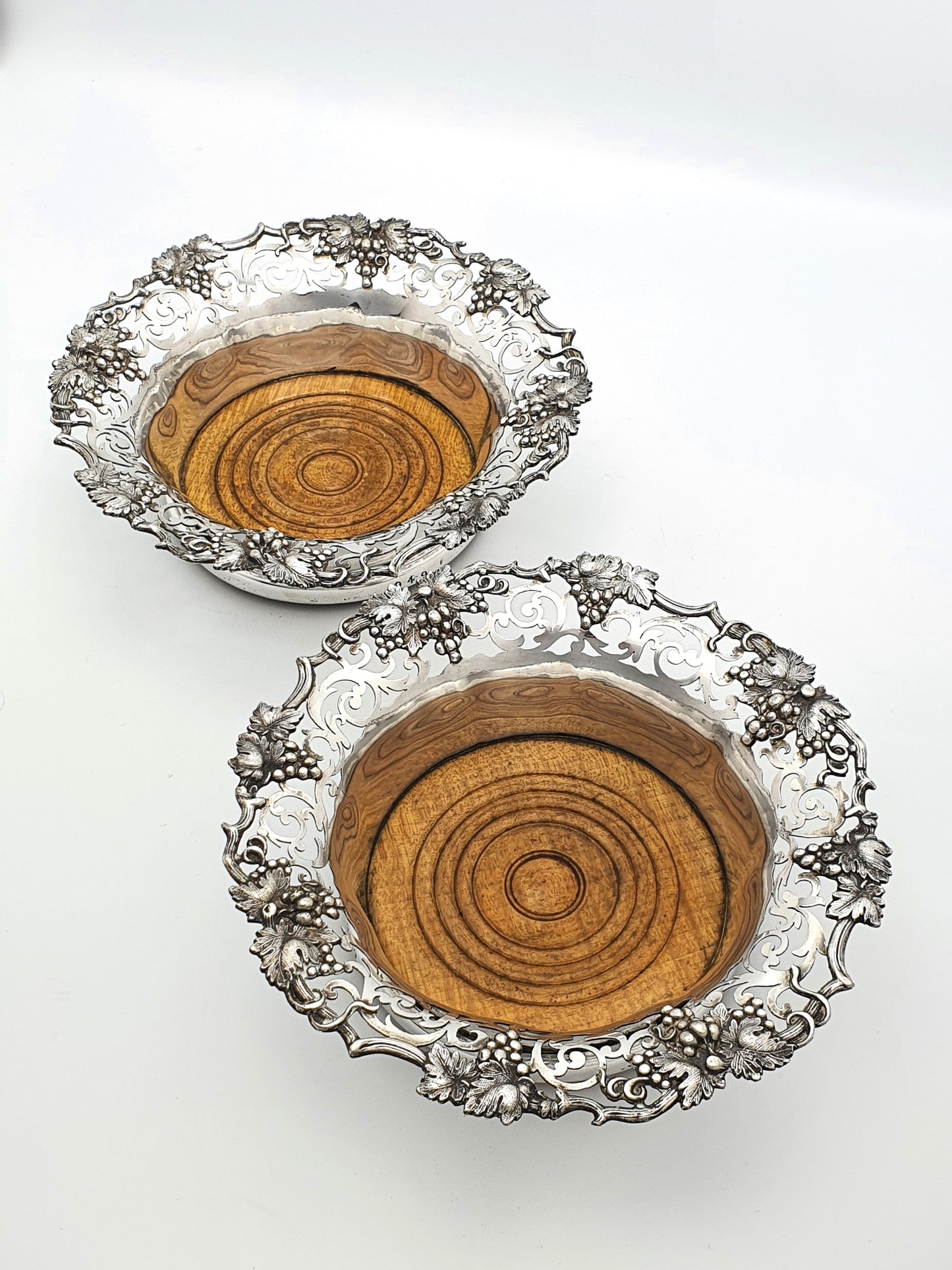 Nice Pair of Antique Victorian Pierced Silver-Plated Wine Bottle Coasters with Grape & Vine Motifs – circa 1890