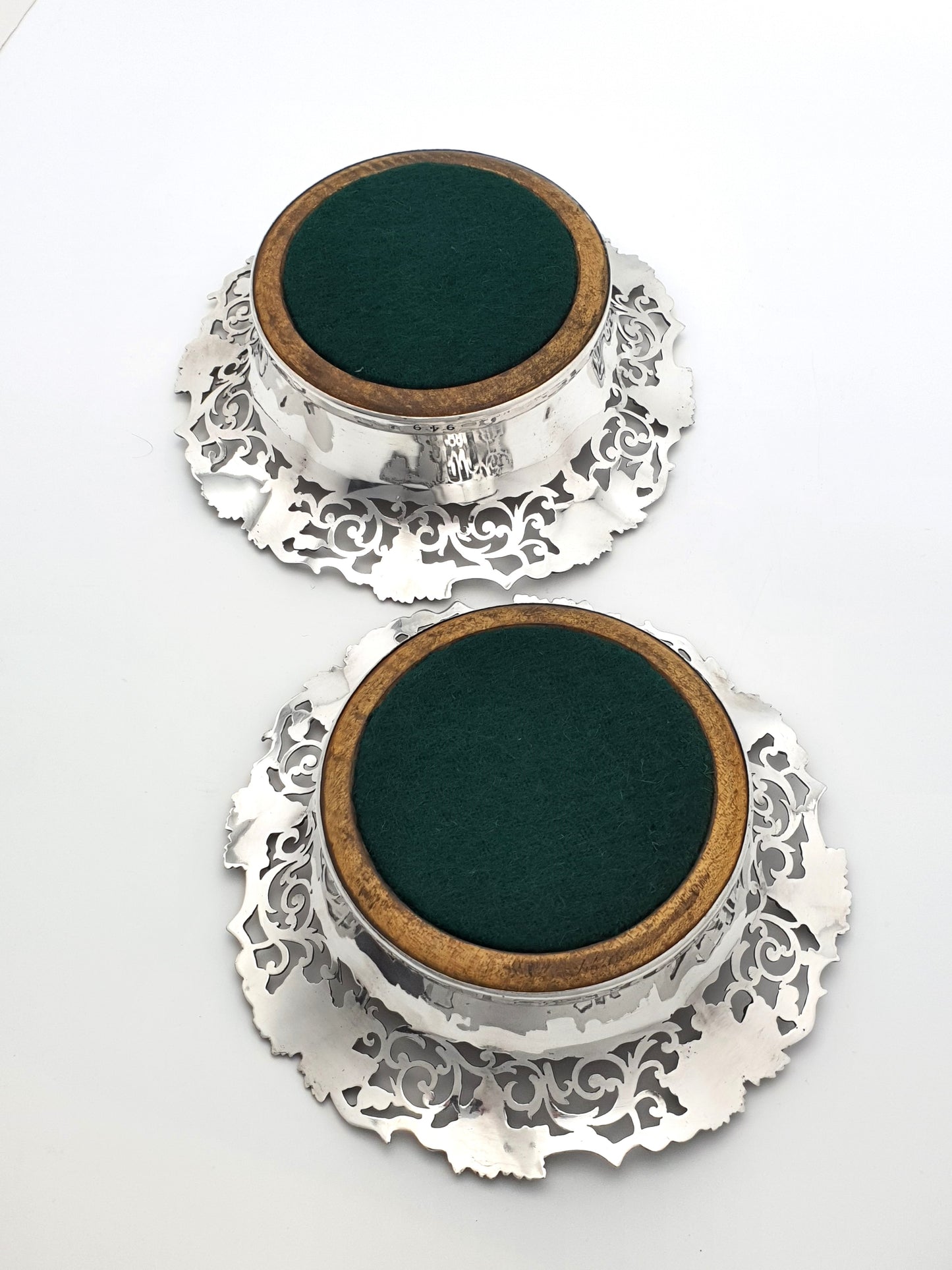 Nice Pair of Antique Victorian Pierced Silver-Plated Wine Bottle Coasters with Grape & Vine Motifs – circa 1890