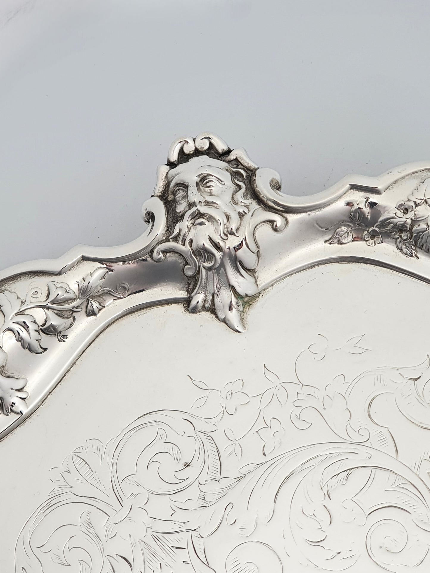 Unusual Antique Victorian Silver-Plated Salver with Figural Masks & Ornate Engraving – circa 1880