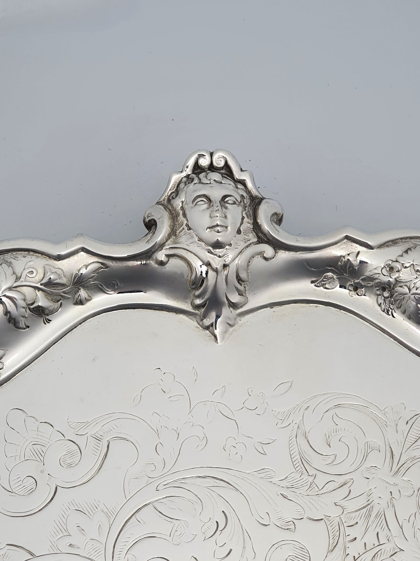 Unusual Antique Victorian Silver-Plated Salver with Figural Masks & Ornate Engraving – circa 1880
