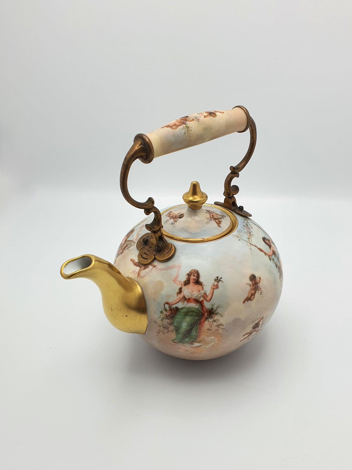 Wonderful Antique Continental Porcelain Kettle with Cherubs and Gilded Accents – circa 1900
