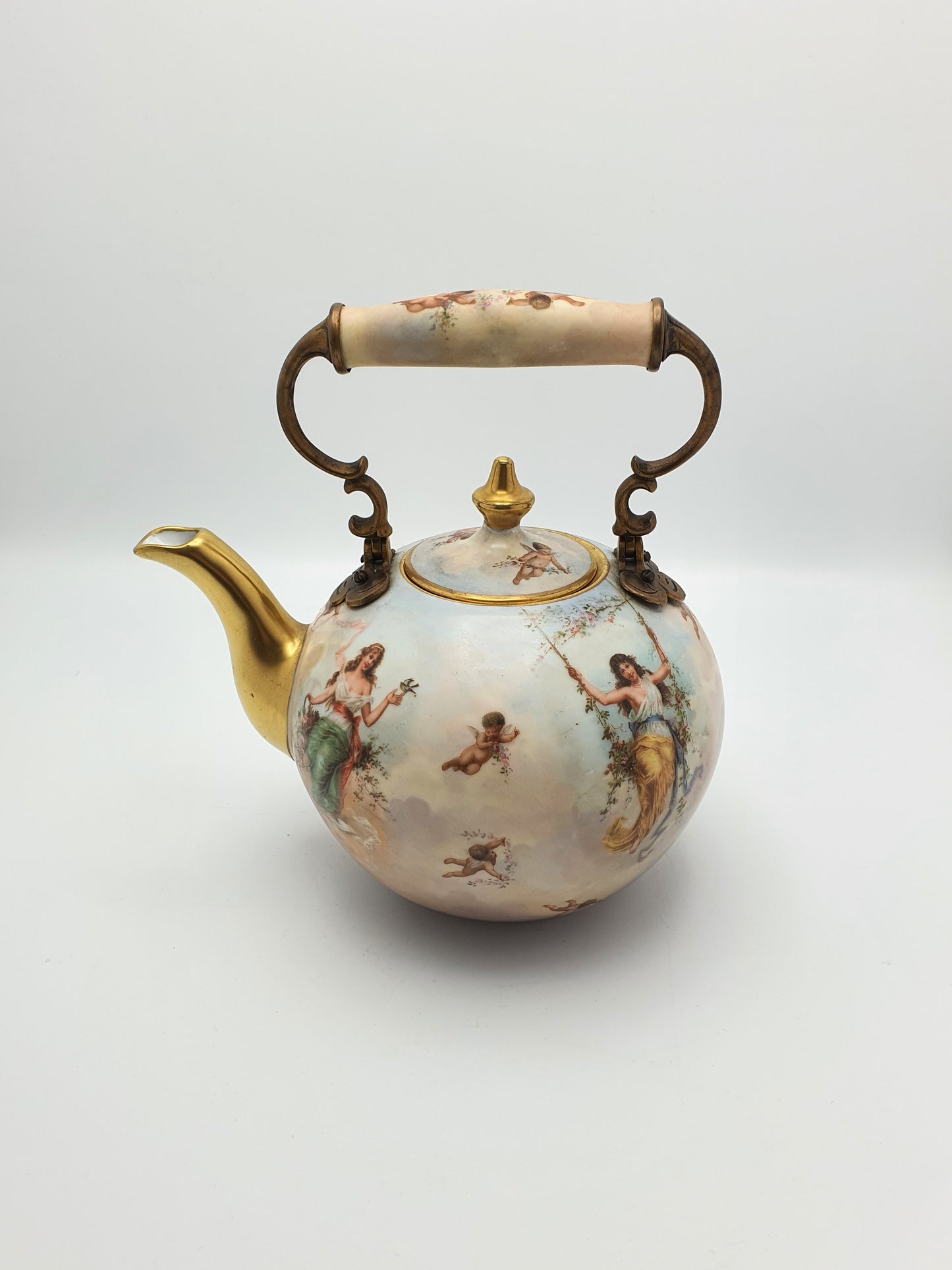 Wonderful Antique Continental Porcelain Kettle with Cherubs and Gilded Accents – circa 1900