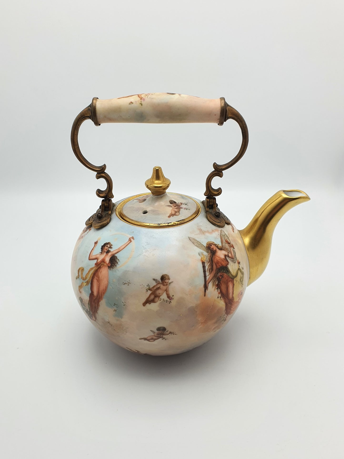 Wonderful Antique Continental Porcelain Kettle with Cherubs and Gilded Accents – circa 1900