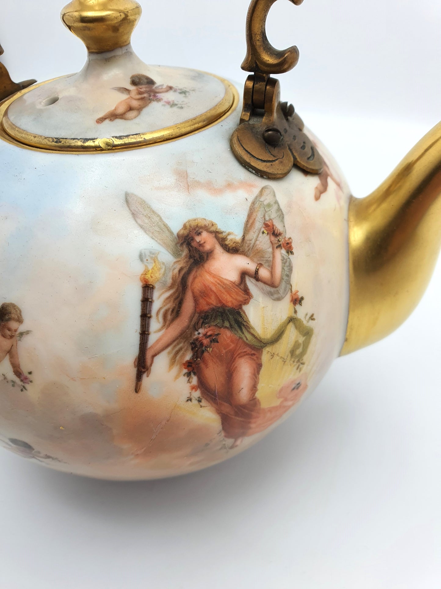 Wonderful Antique Continental Porcelain Kettle with Cherubs and Gilded Accents – circa 1900