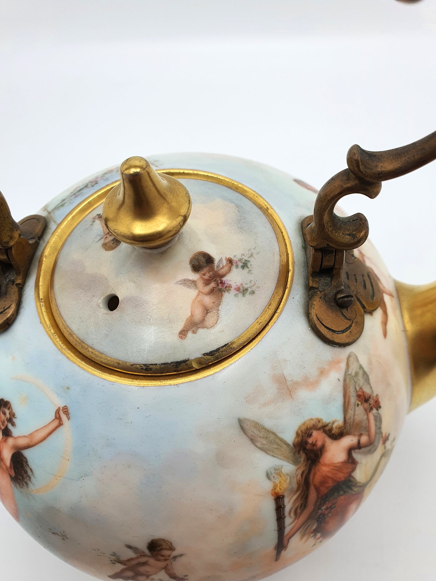 Wonderful Antique Continental Porcelain Kettle with Cherubs and Gilded Accents – circa 1900