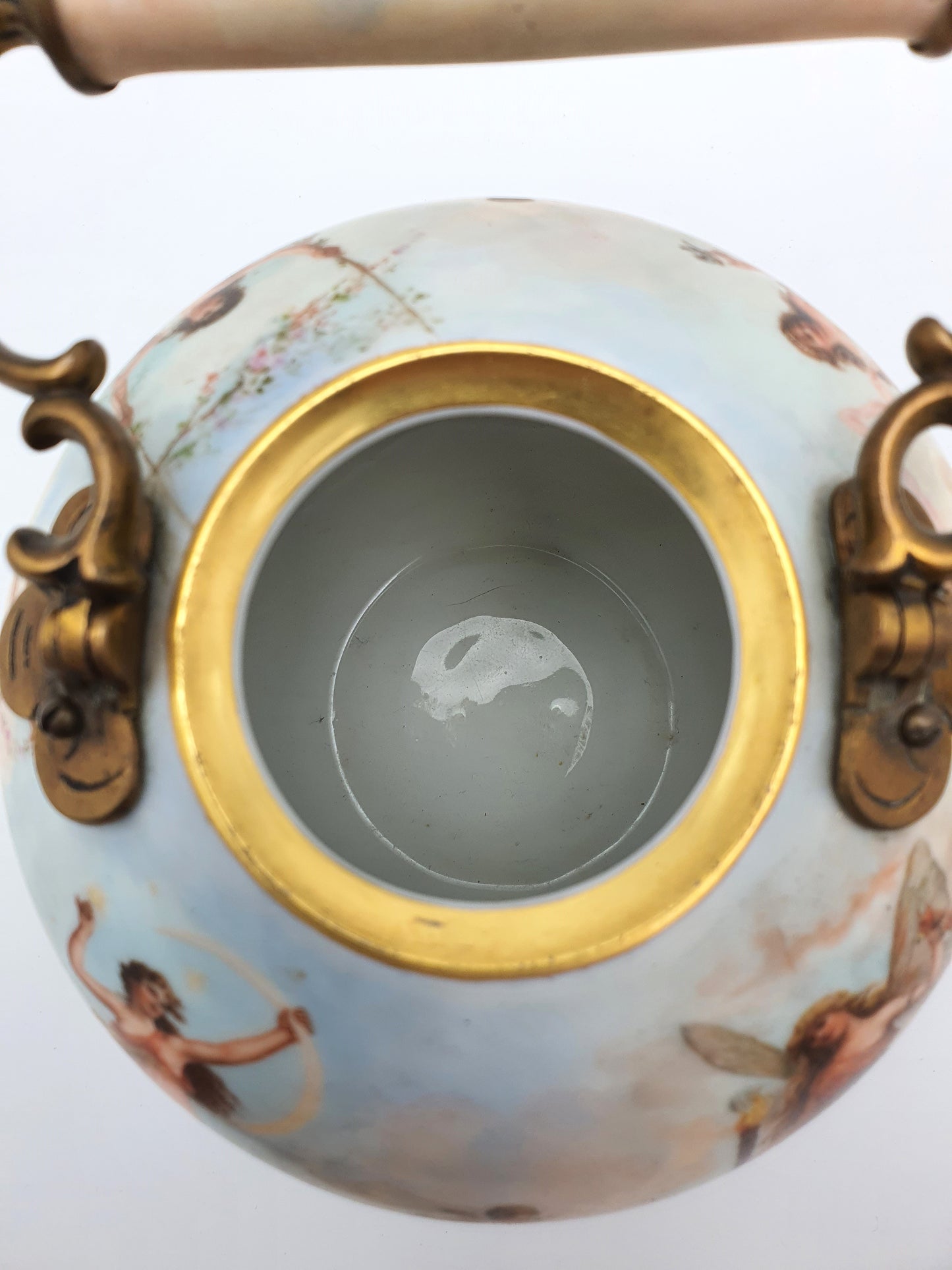 Wonderful Antique Continental Porcelain Kettle with Cherubs and Gilded Accents – circa 1900