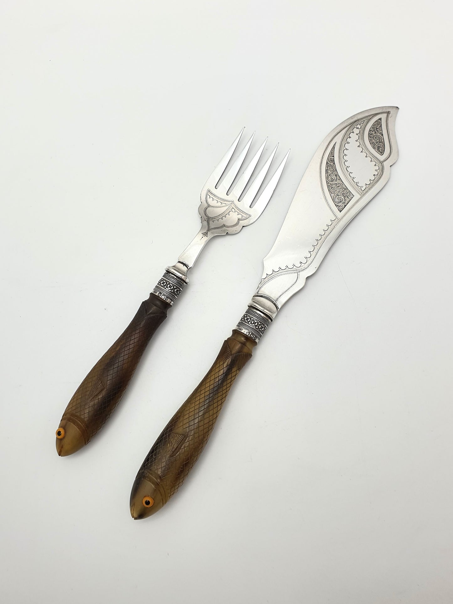Rare Antique Fish Serving Set with Beautifully Carved Fish Handles - 1893