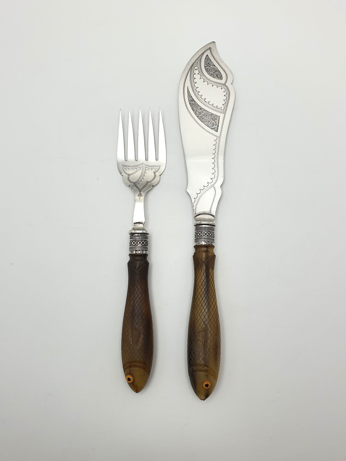 Rare Antique Fish Serving Set with Beautifully Carved Fish Handles - 1893