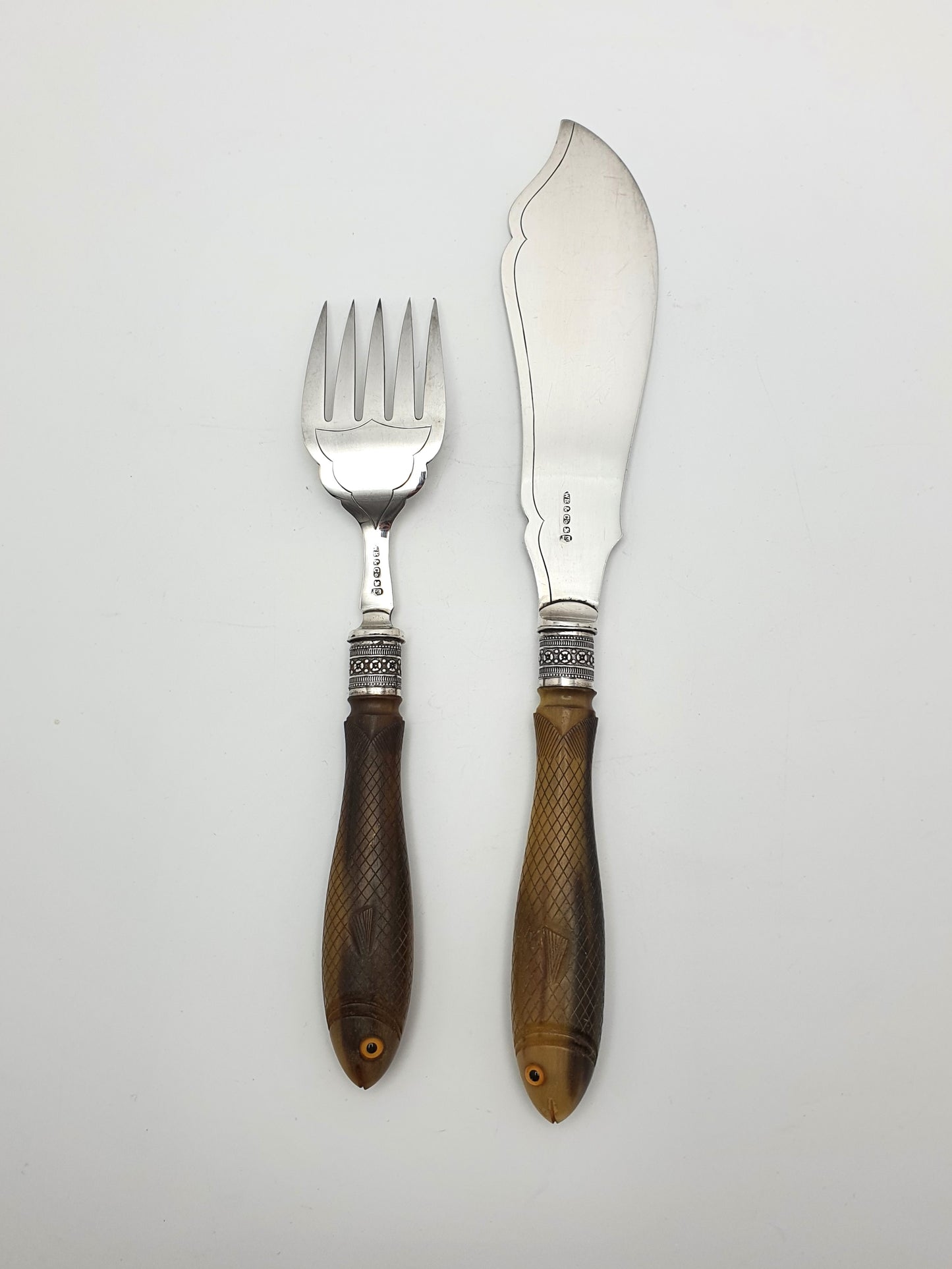 Rare Antique Fish Serving Set with Beautifully Carved Fish Handles - 1893