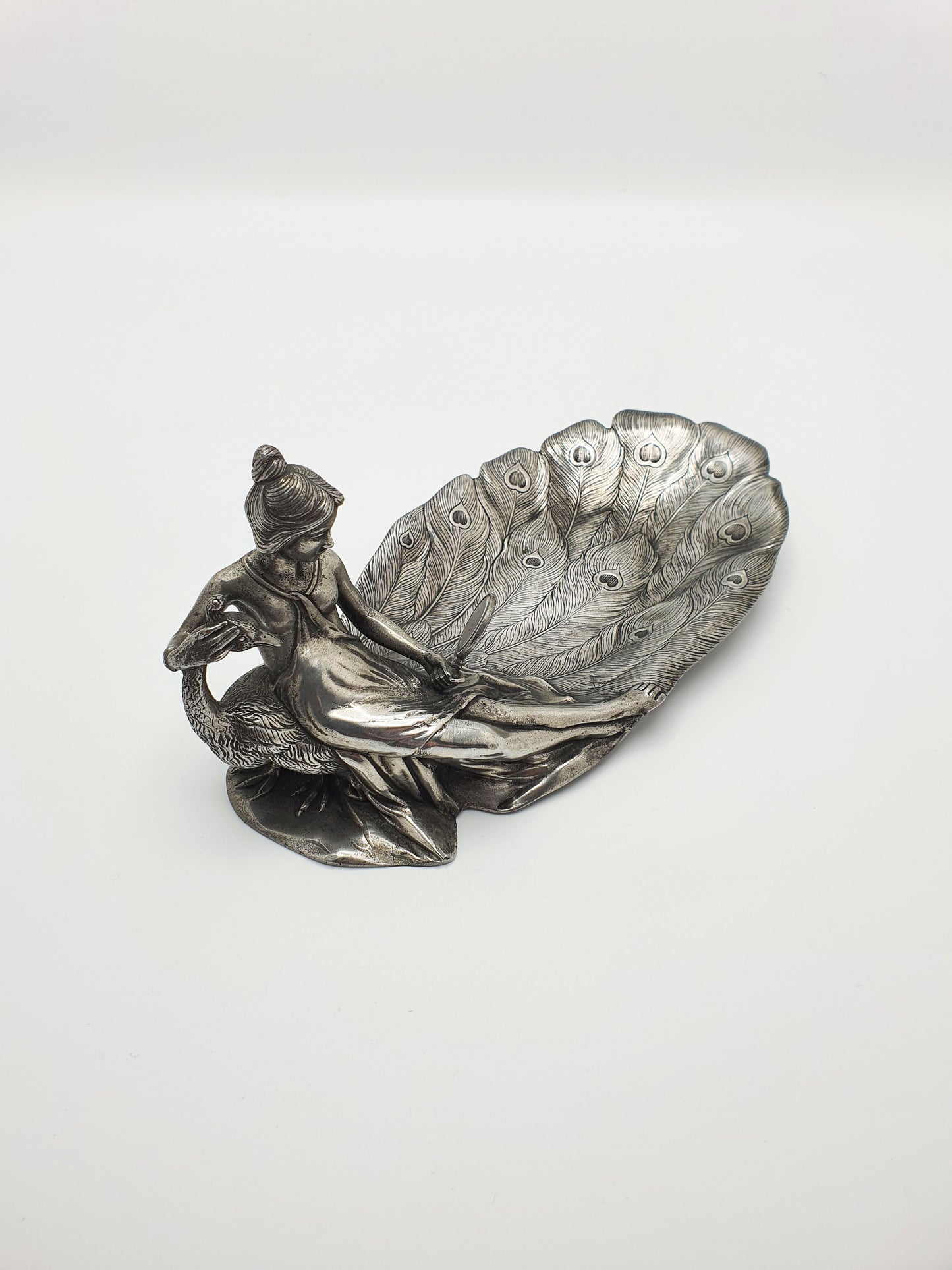 Continental Antique Art Nouveau Pewter Dish – Lady with Peacock – circa 1900