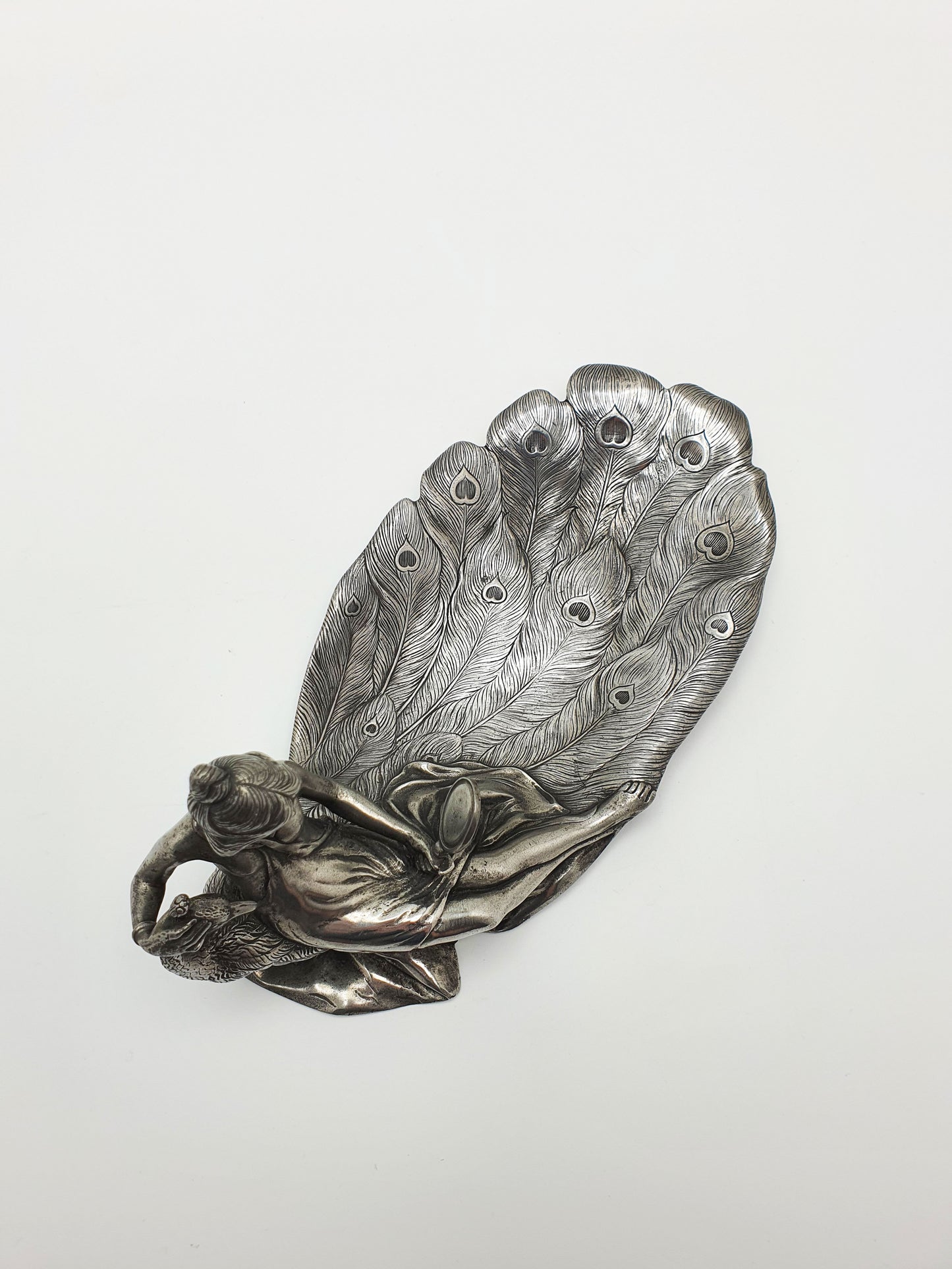 Continental Antique Art Nouveau Pewter Dish – Lady with Peacock – circa 1900