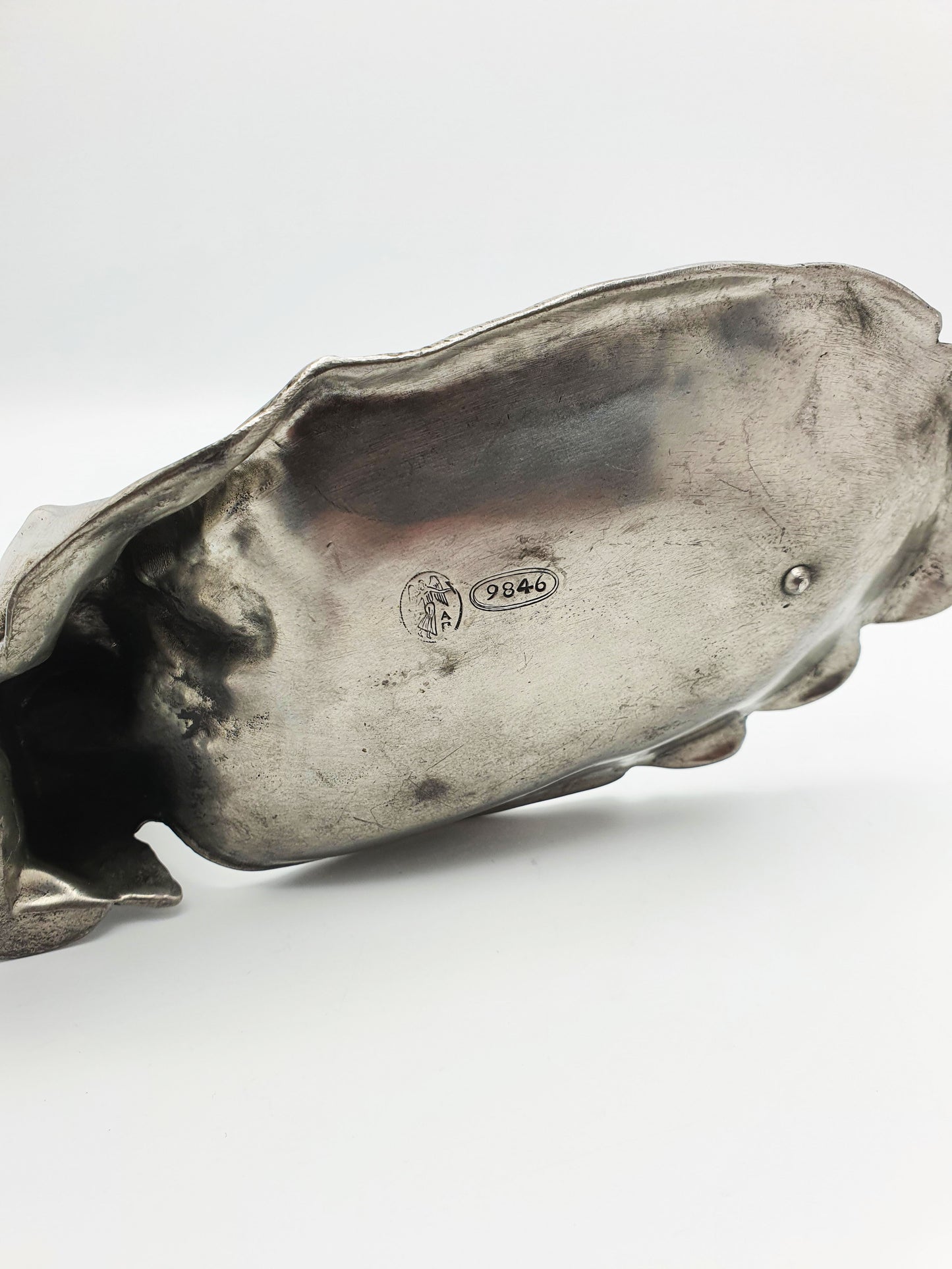 Continental Antique Art Nouveau Pewter Dish – Lady with Peacock – circa 1900