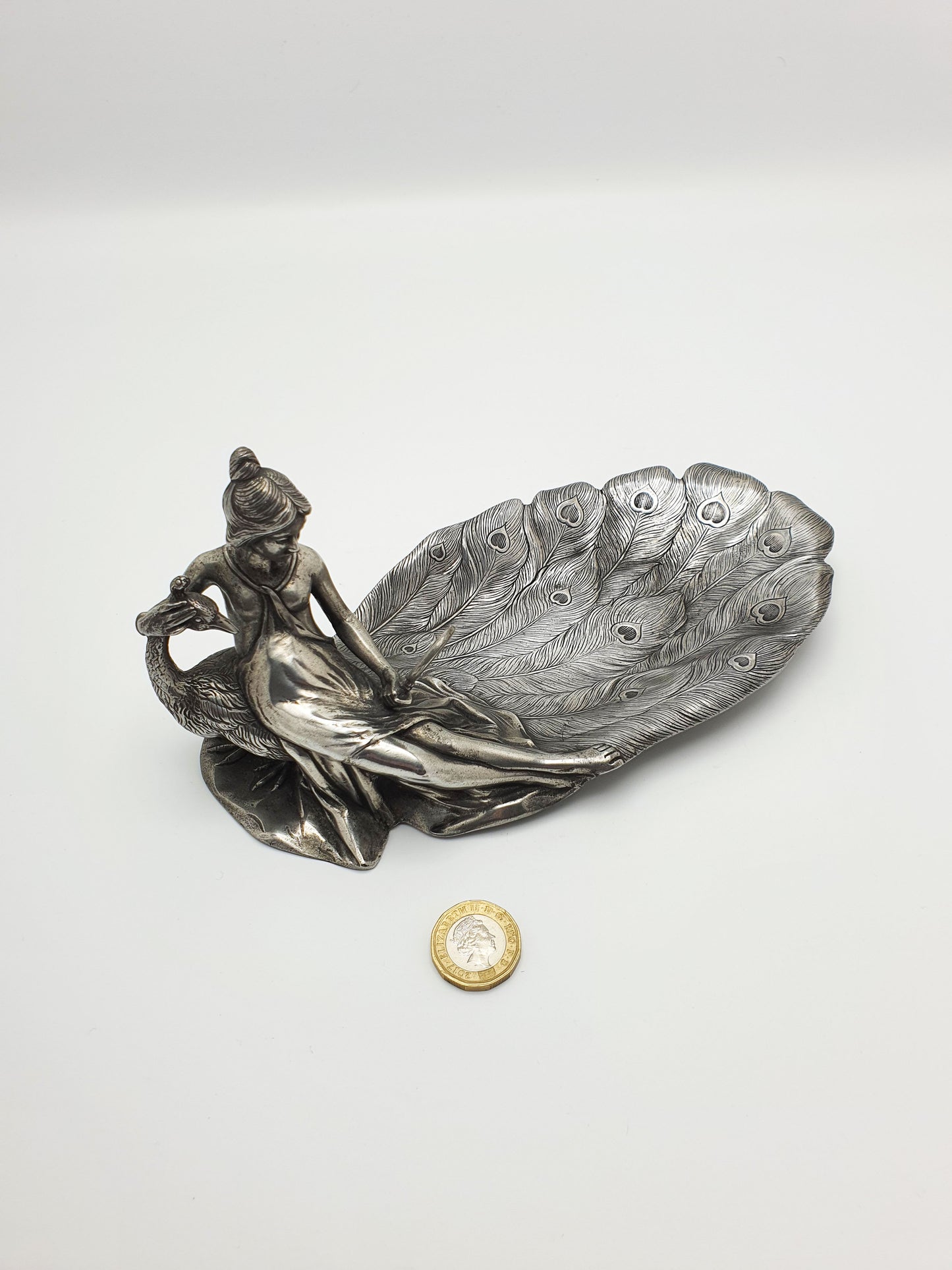 Continental Antique Art Nouveau Pewter Dish – Lady with Peacock – circa 1900