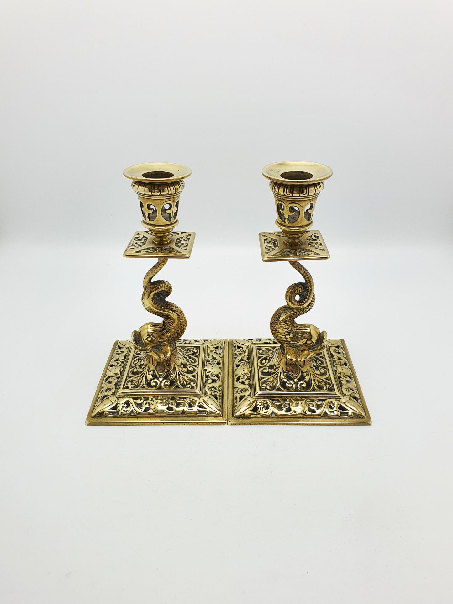 Nice Pair of Victorian Brass Dolphin Candlesticks - 1890