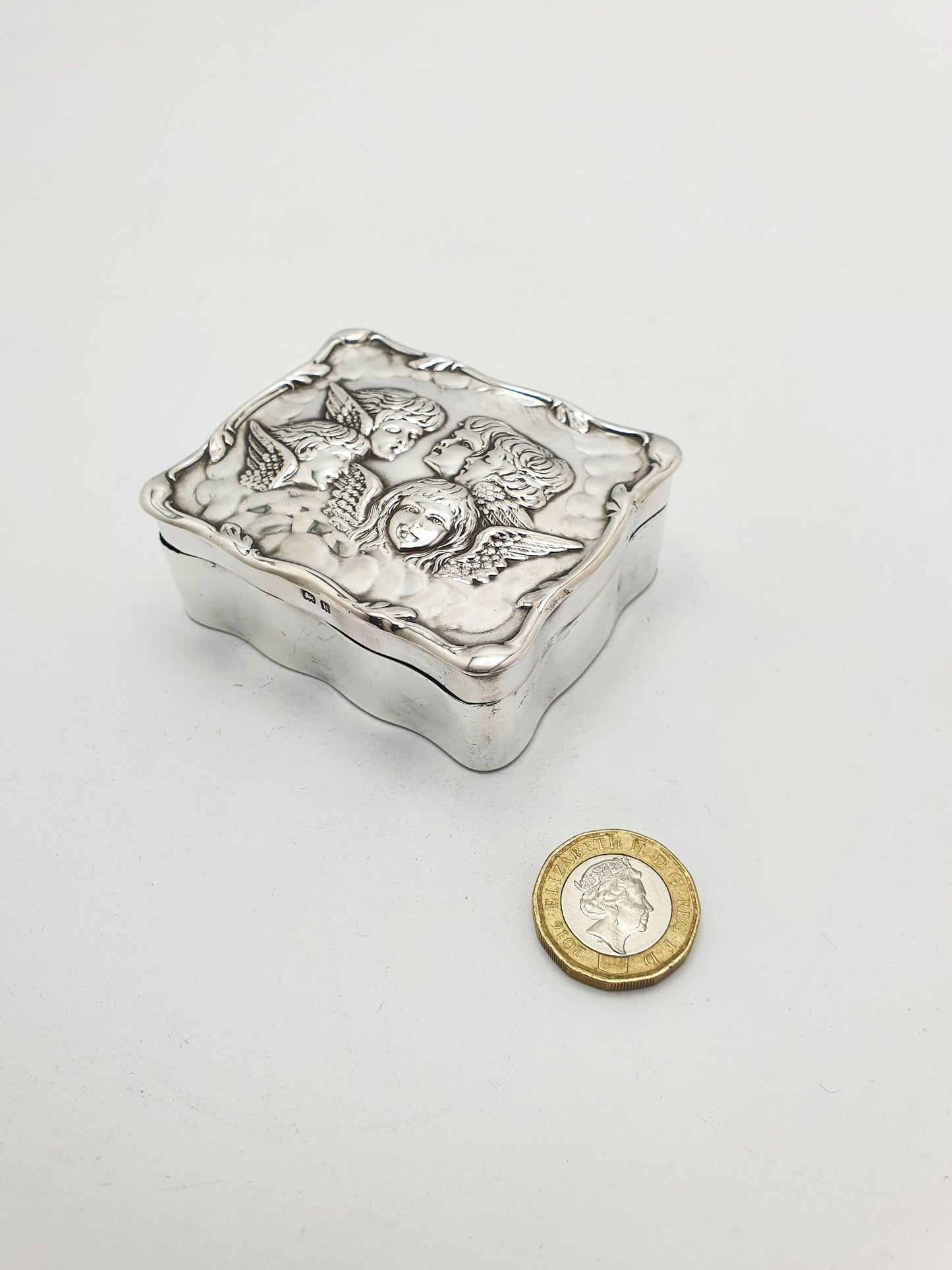 Gorgeous Antique Edwardian Silver Cherub Trinket Box with Velvet Interior - 1907