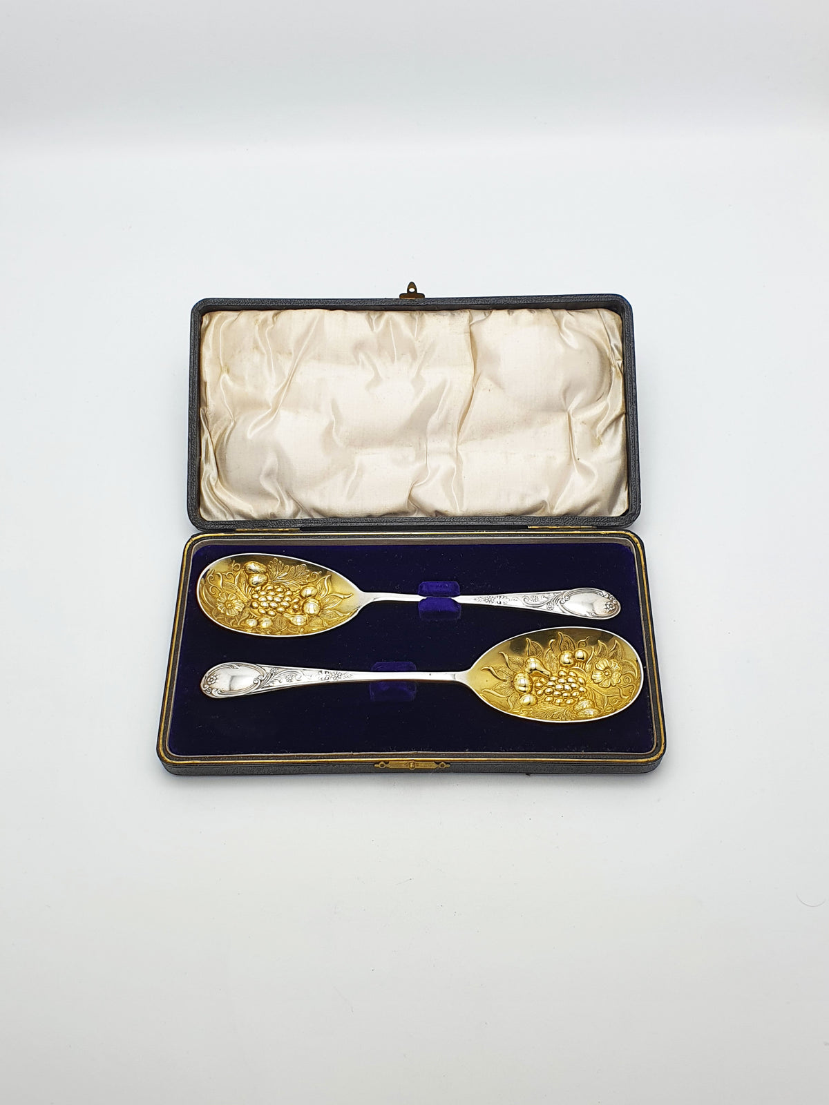 Pretty Pair of Antique Silver-Plate & Gilt Berry Spoons in Case – circa 1920