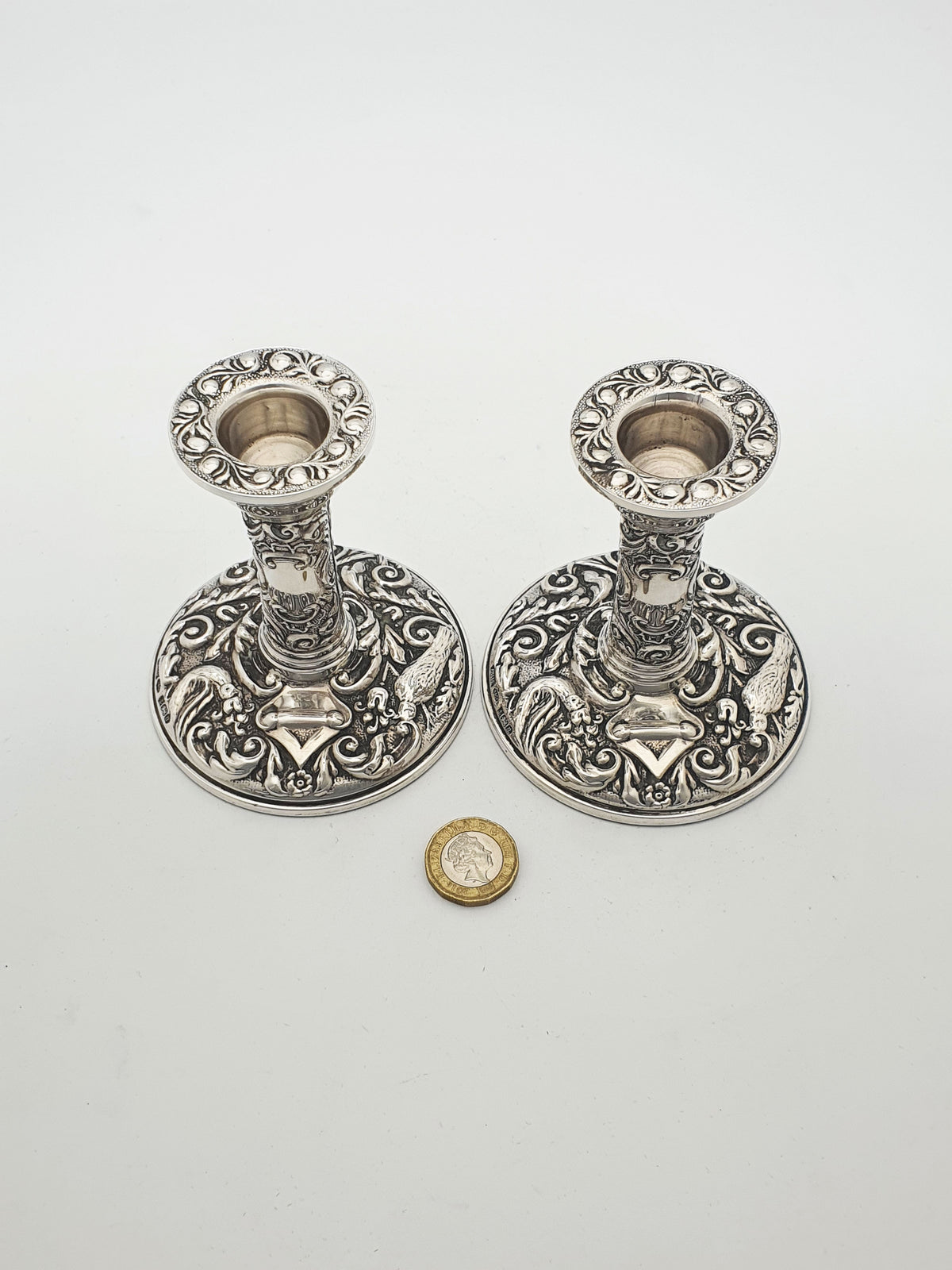 Stunning Pair of Elizabeth II Sterling Silver Repoussé Low Candlesticks - 1976
