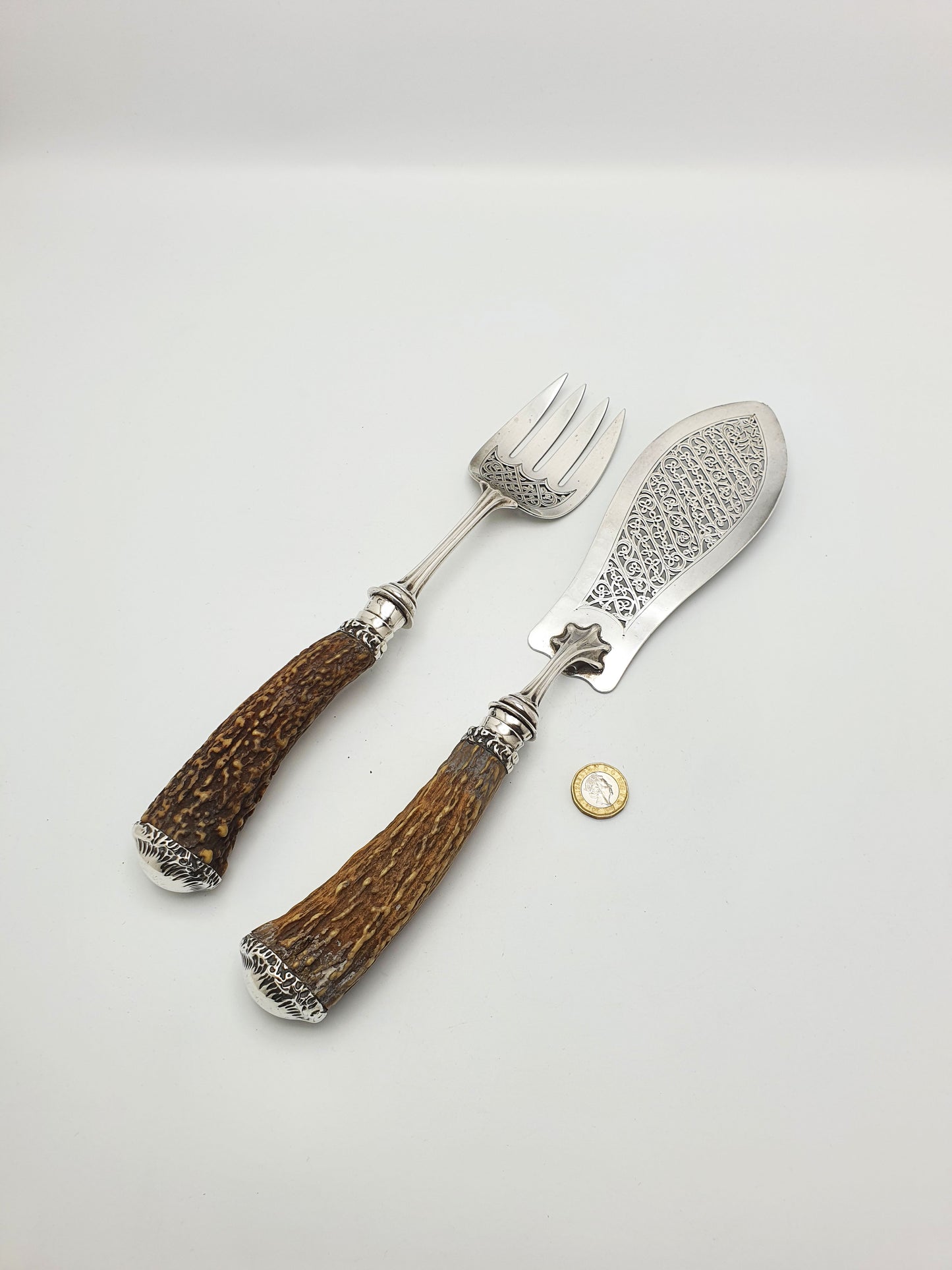 Fabulous Antique Victorian Solid Silver Fish Serving Set with Stag Antler Handles - 1887