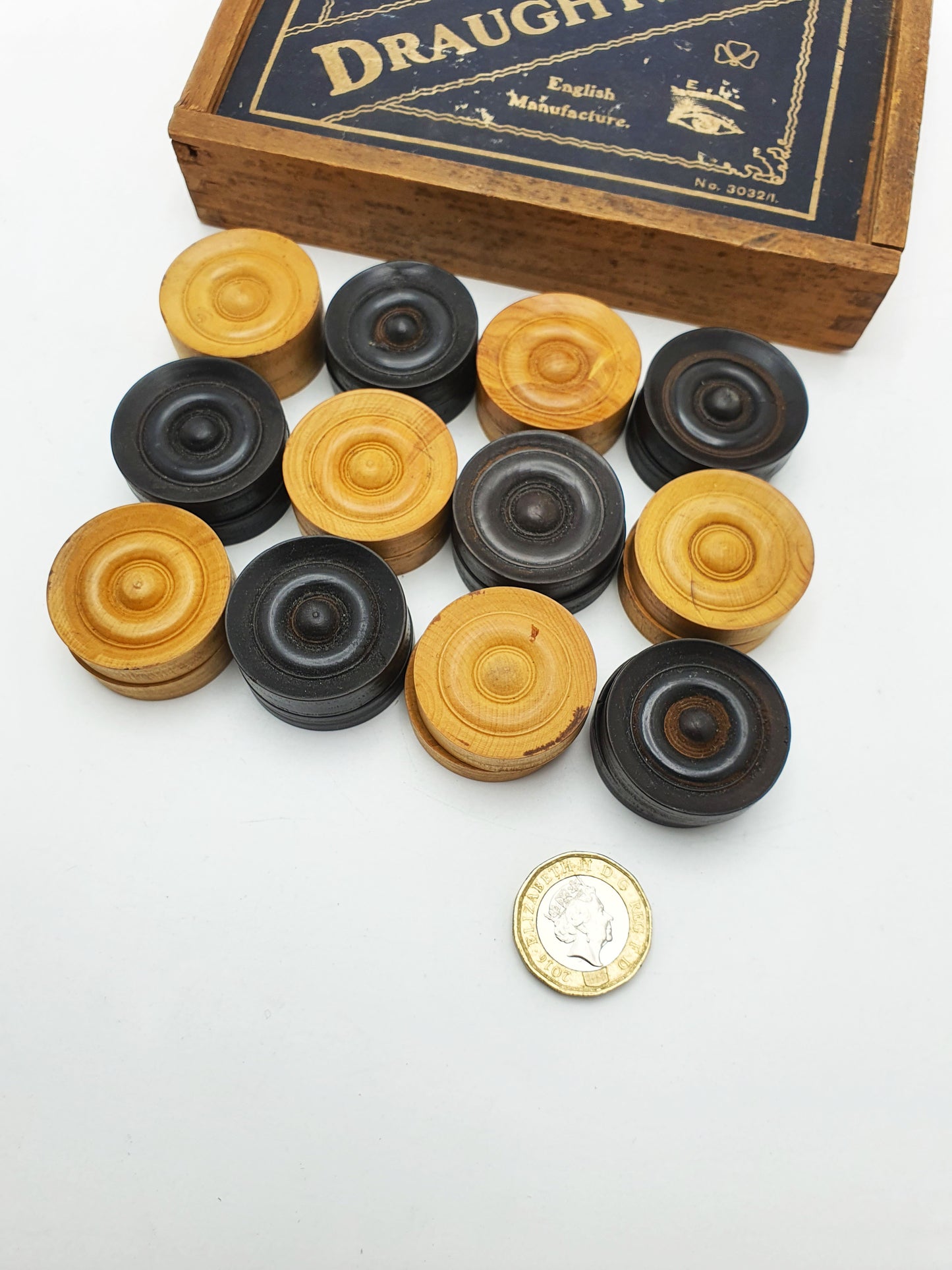 Nice Antique Boxwood & Ebony Draughts Set in Original Box – circa 1920