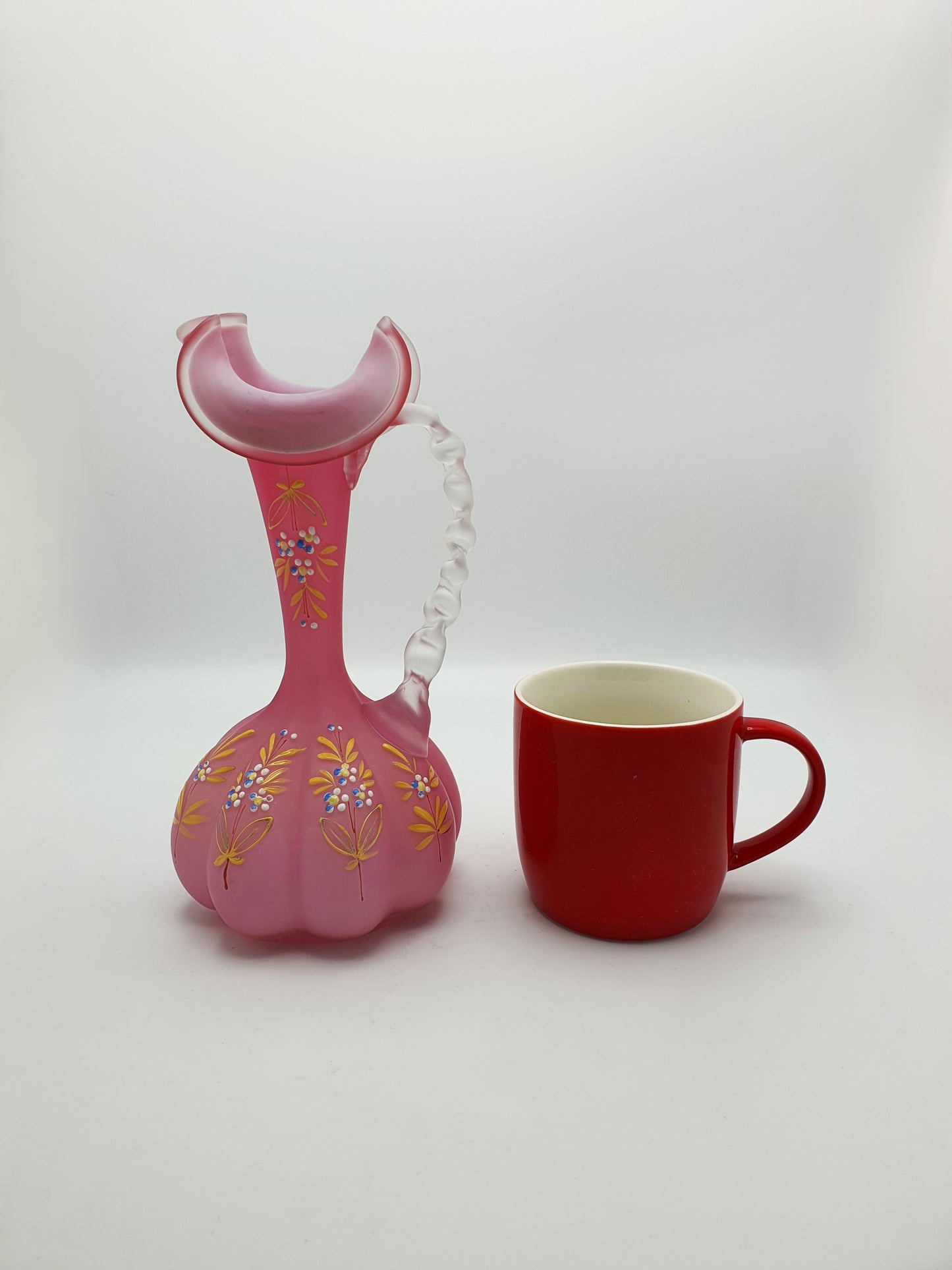 Pair of Victorian Pink Satin Glass Ewers with Enamel Floral Decoration – circa 1890