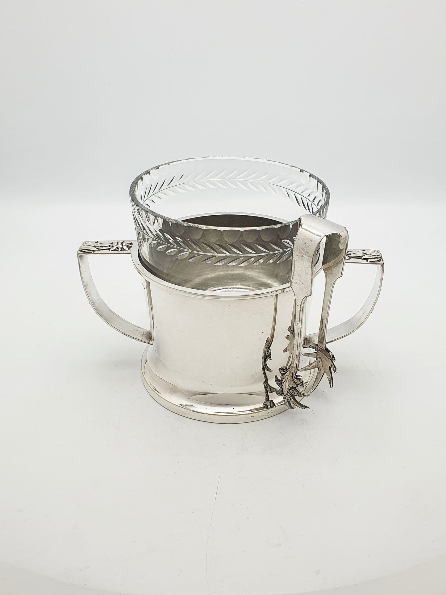 Antique Silver-Plated Ice Bucket with Cut Glass Liner & Tongs – circa 1925