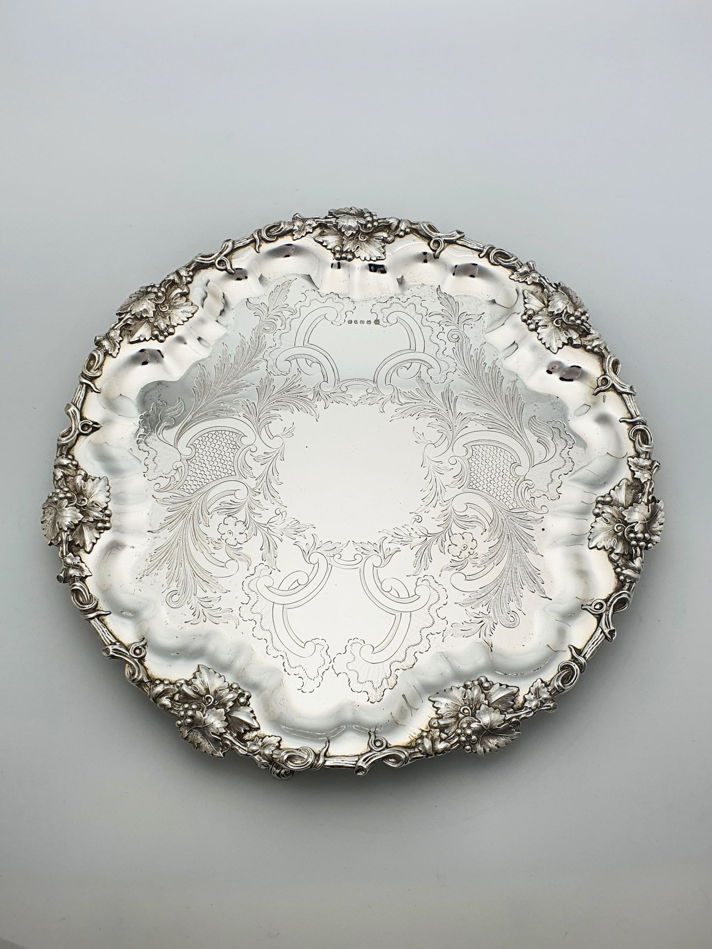 Pretty Antique Silver-Plated Salver with Engraved Centre & Grape Vine Border – circa 1880
