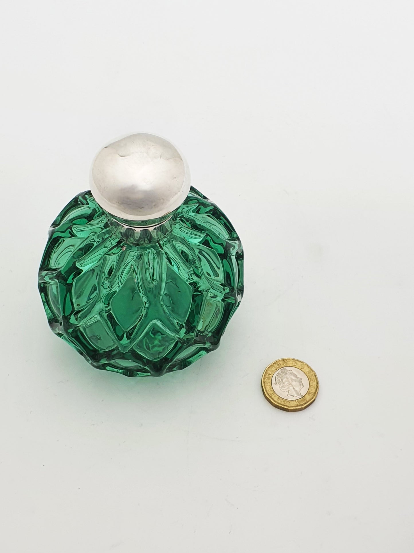 Unusual Antique Victorian Green Glass & Sterling Silver Perfume Bottle- 1893