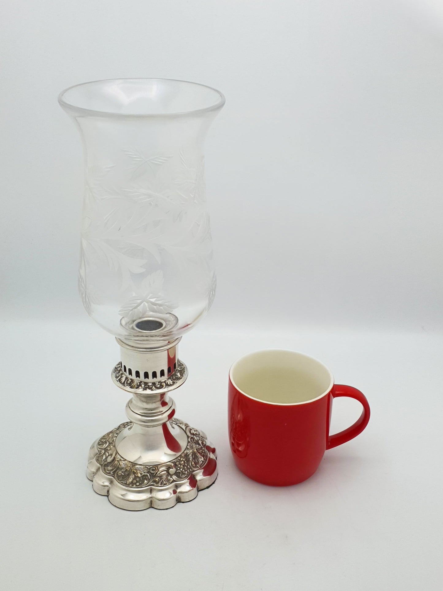 Antique Silver Plated Hurricane Lamp with Etched Glass Shade – circa 1920