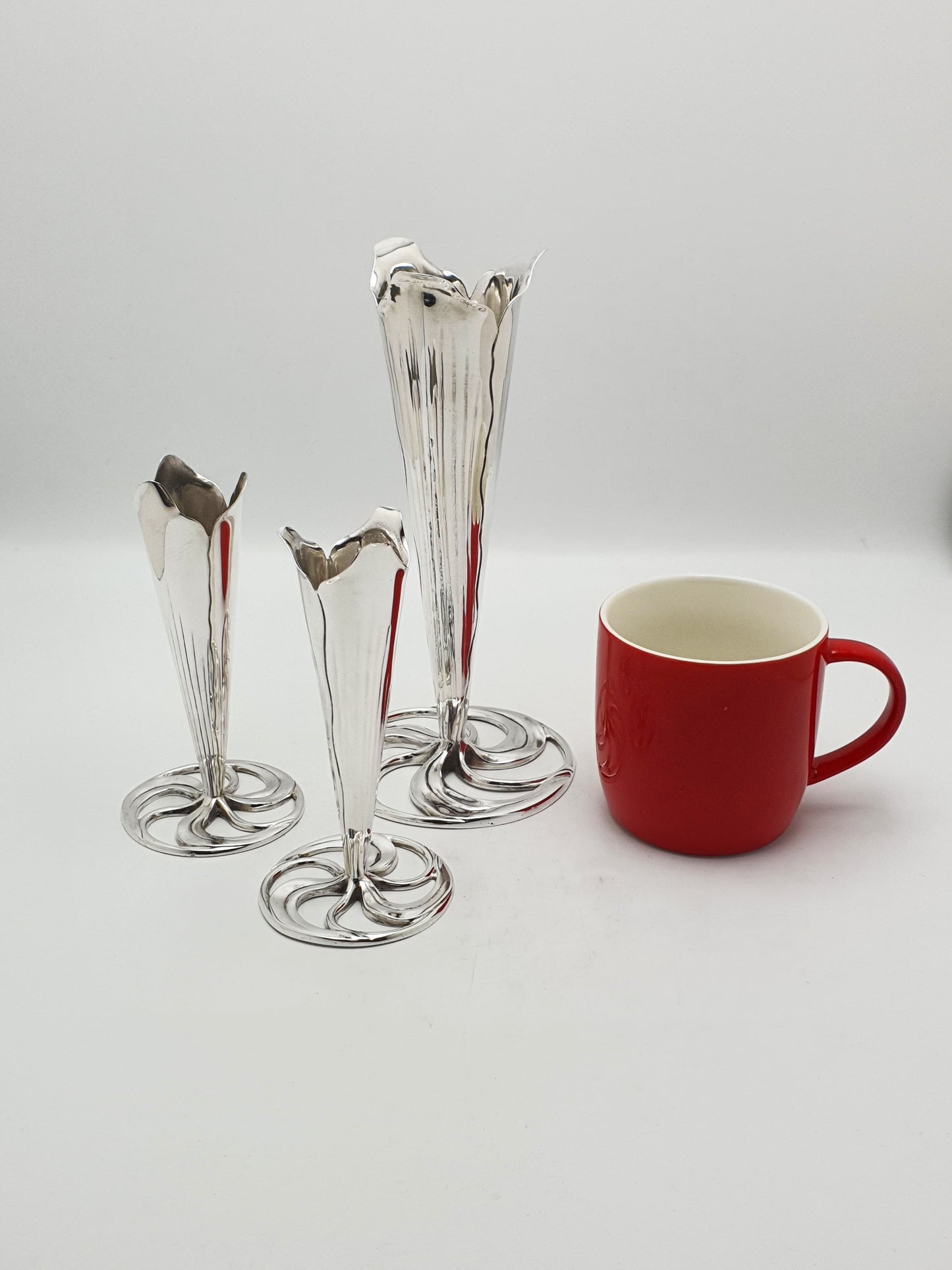 Elegant Set of 3 Silver Plated Arts and Crafts Trumpet Vases – circa 1890