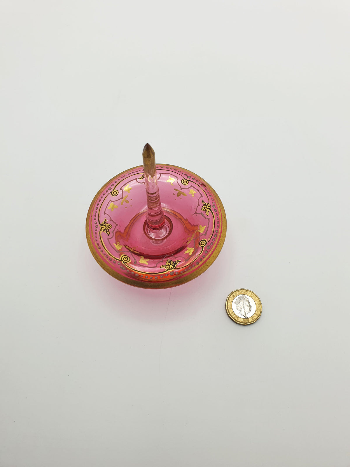 Antique Bohemian Pink Glass Ring Holder with Gold Enamel – circa 1905