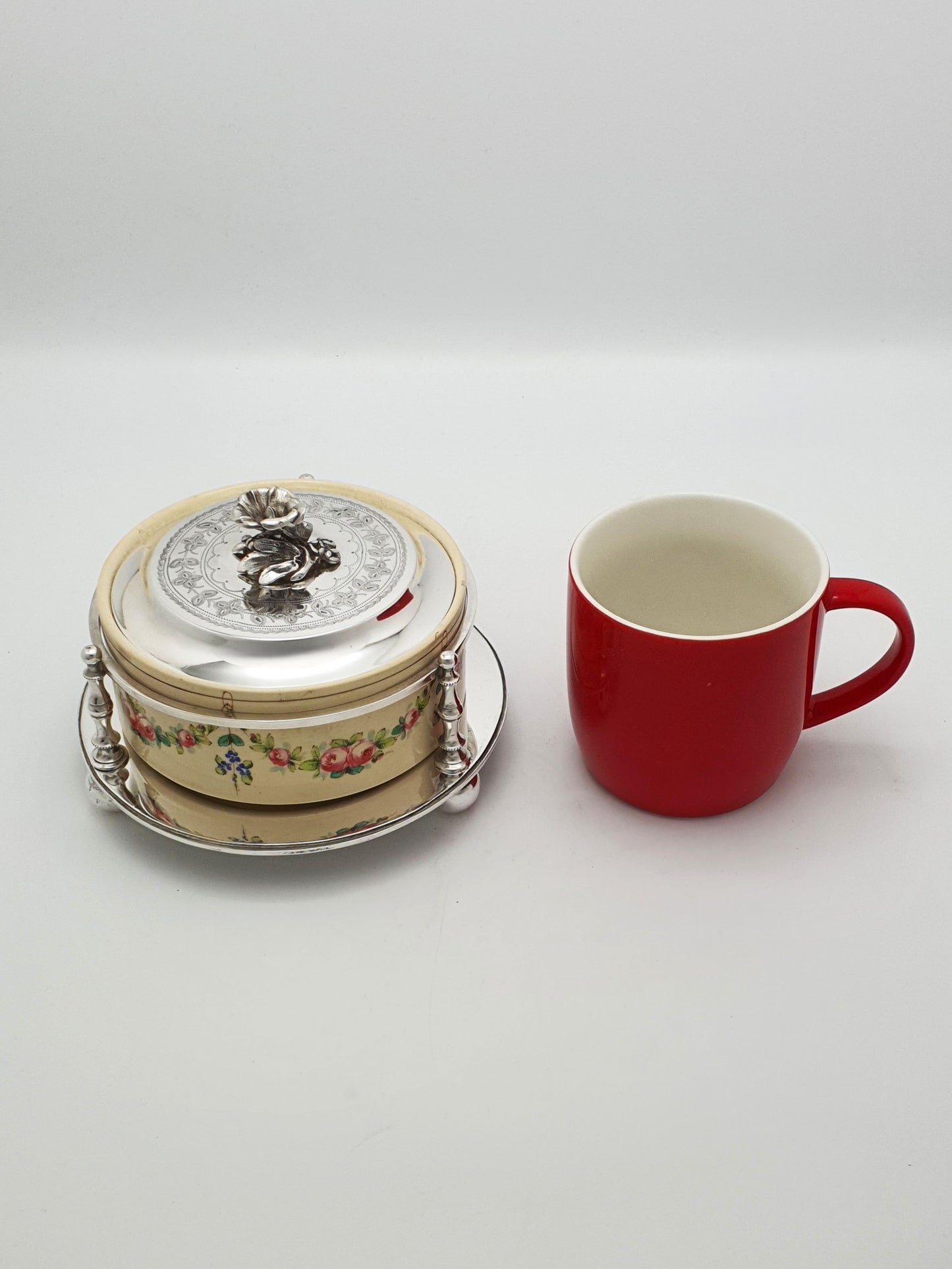 Antique Victorian Hand-Painted Ceramic and Silver Plate Serving Dish – circa 1890