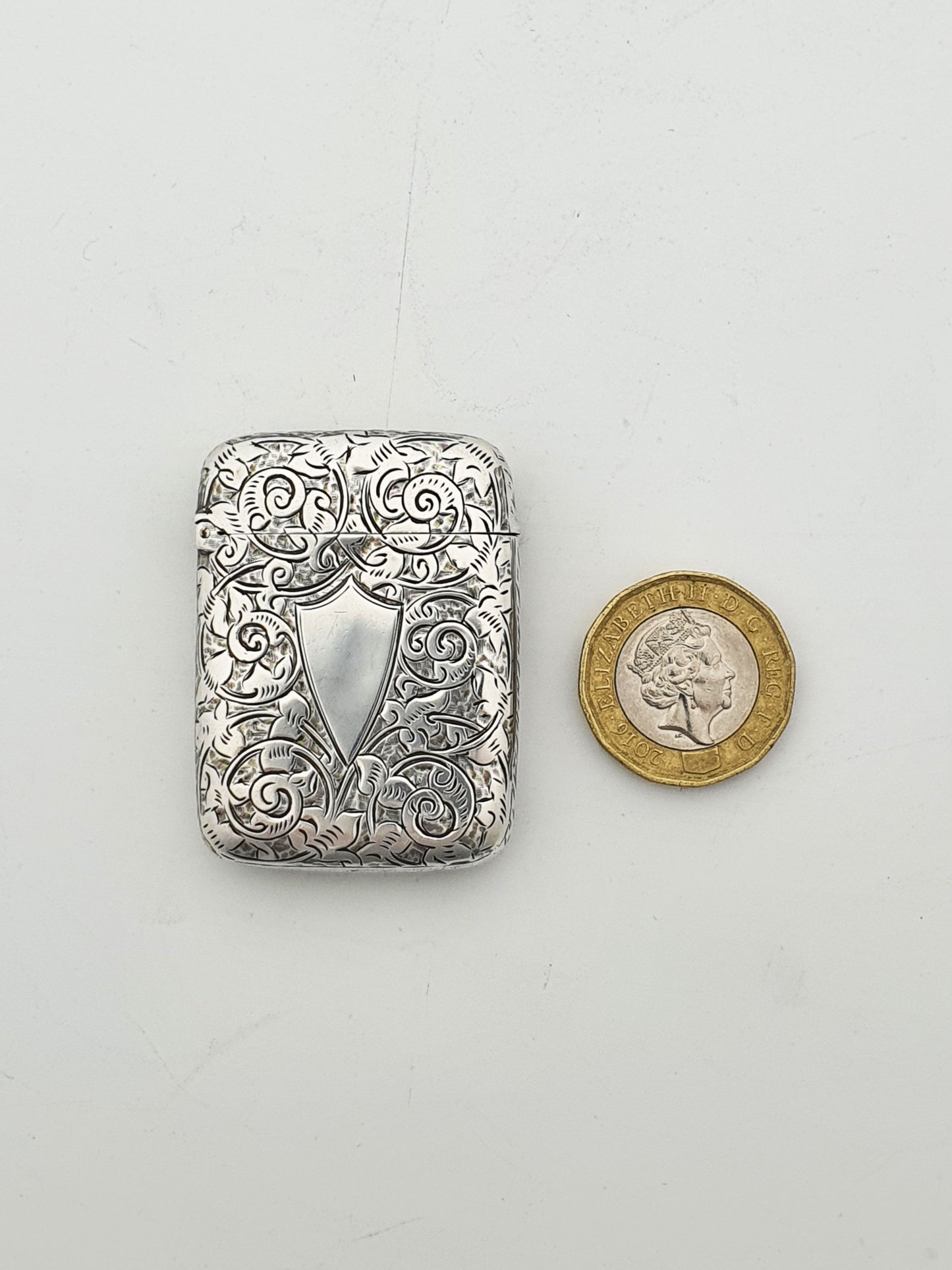 Antique Victorian Sterling Silver Vesta Case with Engraved Scrollwork - 1888