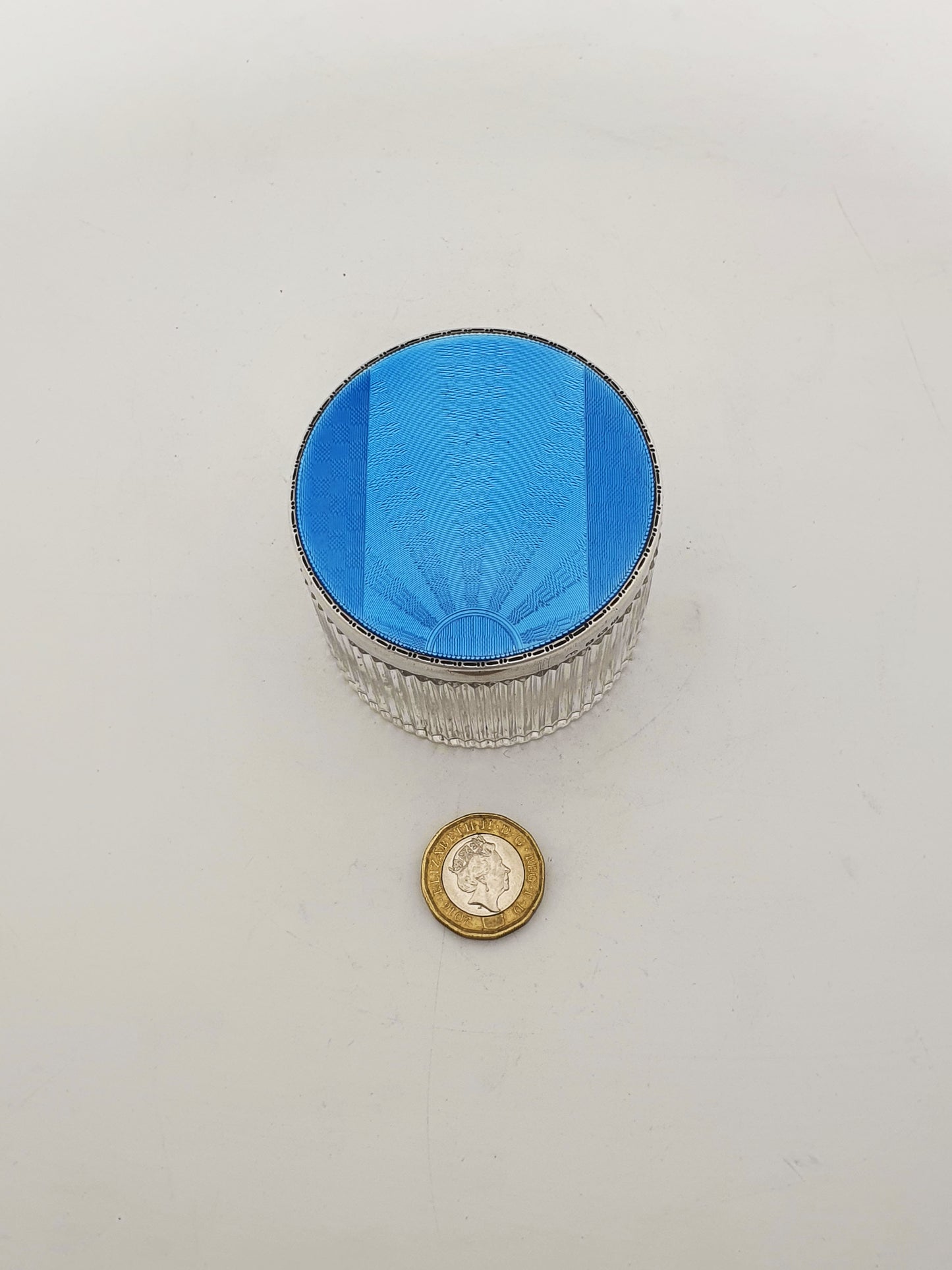 Stunning Art Deco Silver & Blue Guilloché Enamel Vanity Jar - 1932