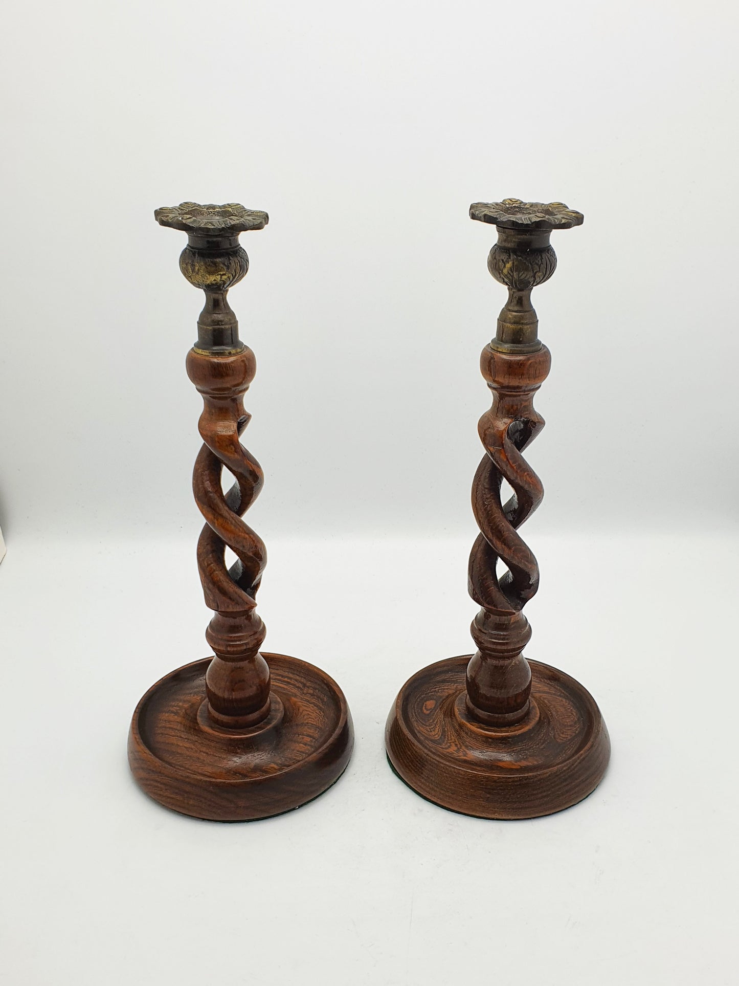 Pair of Antique Barley Twist Oak and Brass Candlesticks – circa 1920