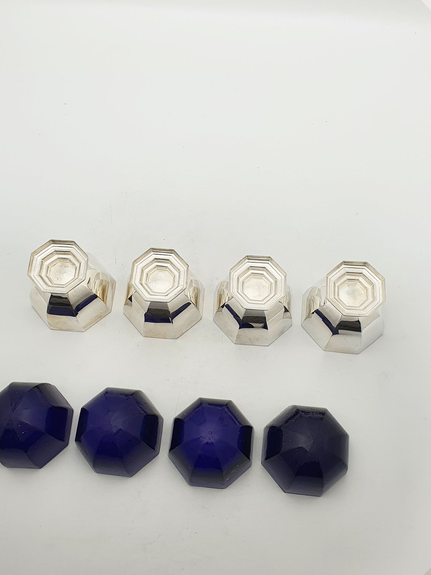Set of 4 Art Deco Silver Plated Salt Cellars with Cobalt Glass Liners – circa 1930
