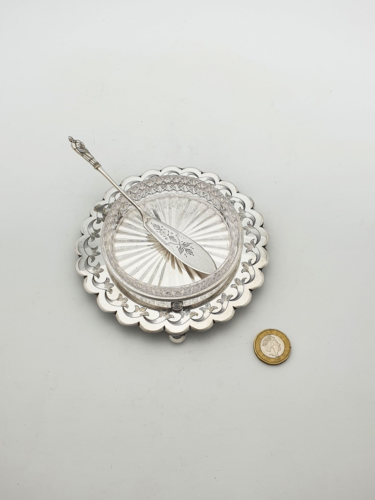 Antique Edwardian Butter Dish with Cut Glass Liner and Spreader – circa 1905