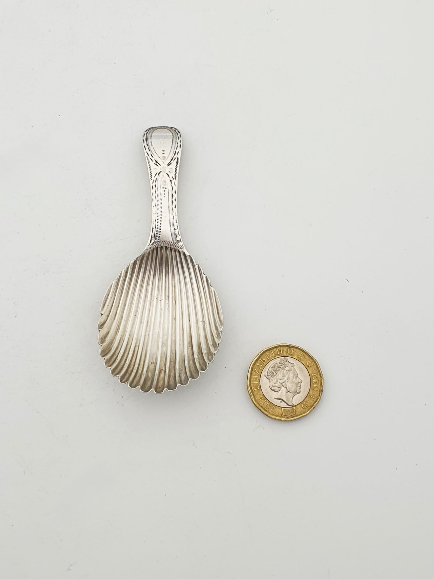 Antique Georgian Sterling Silver Shell Caddy Spoon with Engraved Handle - 1788