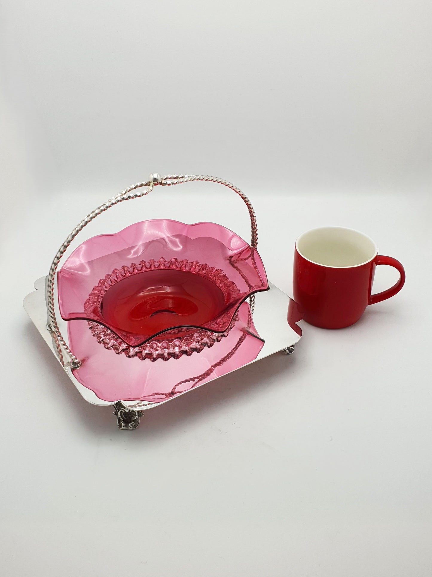 Stunning Cranberry Glass Dish in Silver Plated Stand - circa 1905