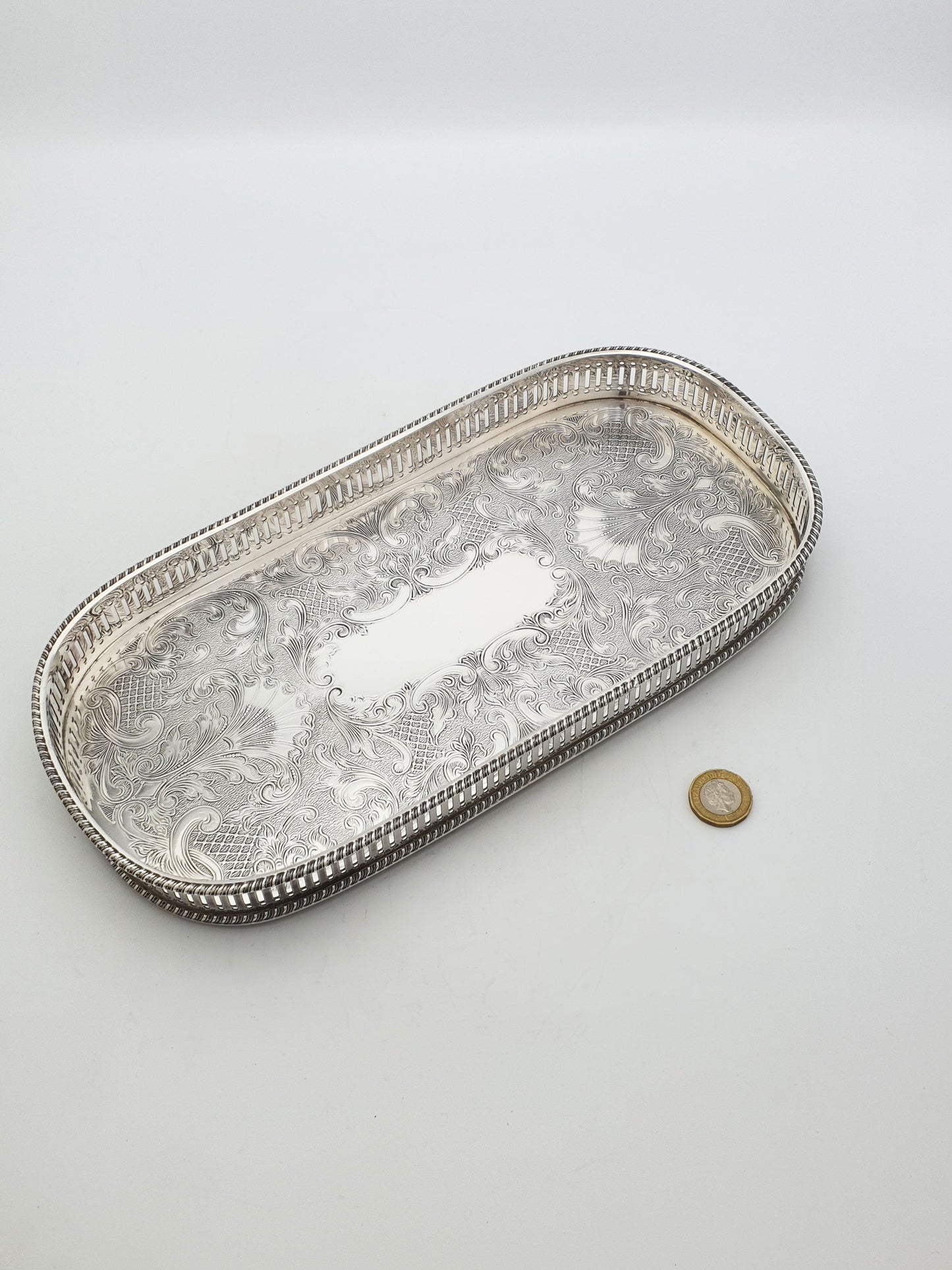 Vintage Silver Plated Oblong Drinks Tray With Engraved Scrollwork – circa 1960