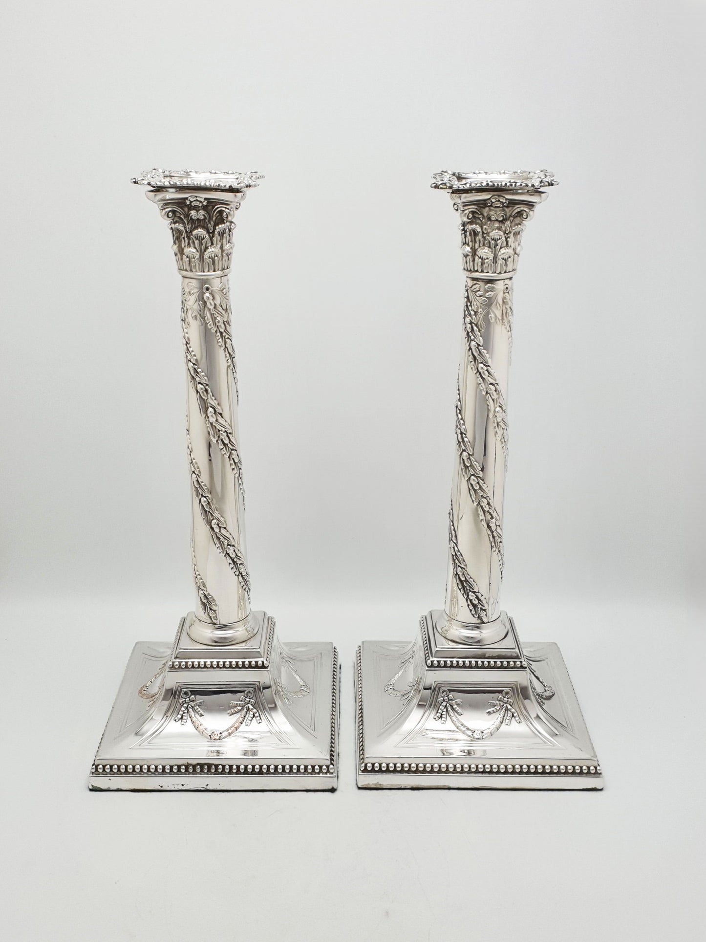 Stunning Pair of Antique Neoclassical Corinthian Column Candlesticks – circa 1880