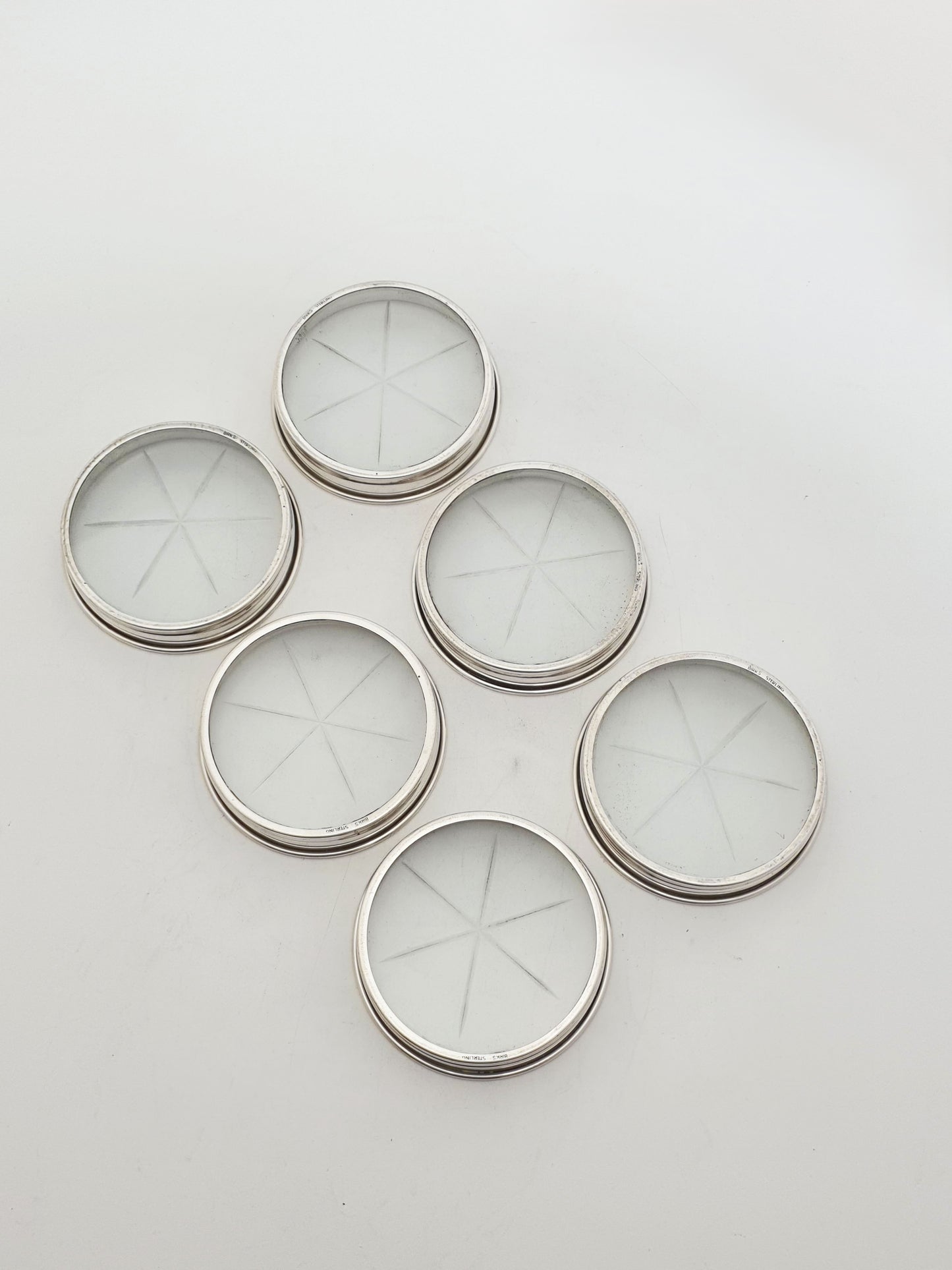 Set of 6 Birks Sterling Silver And Glass Coasters – circa 1920