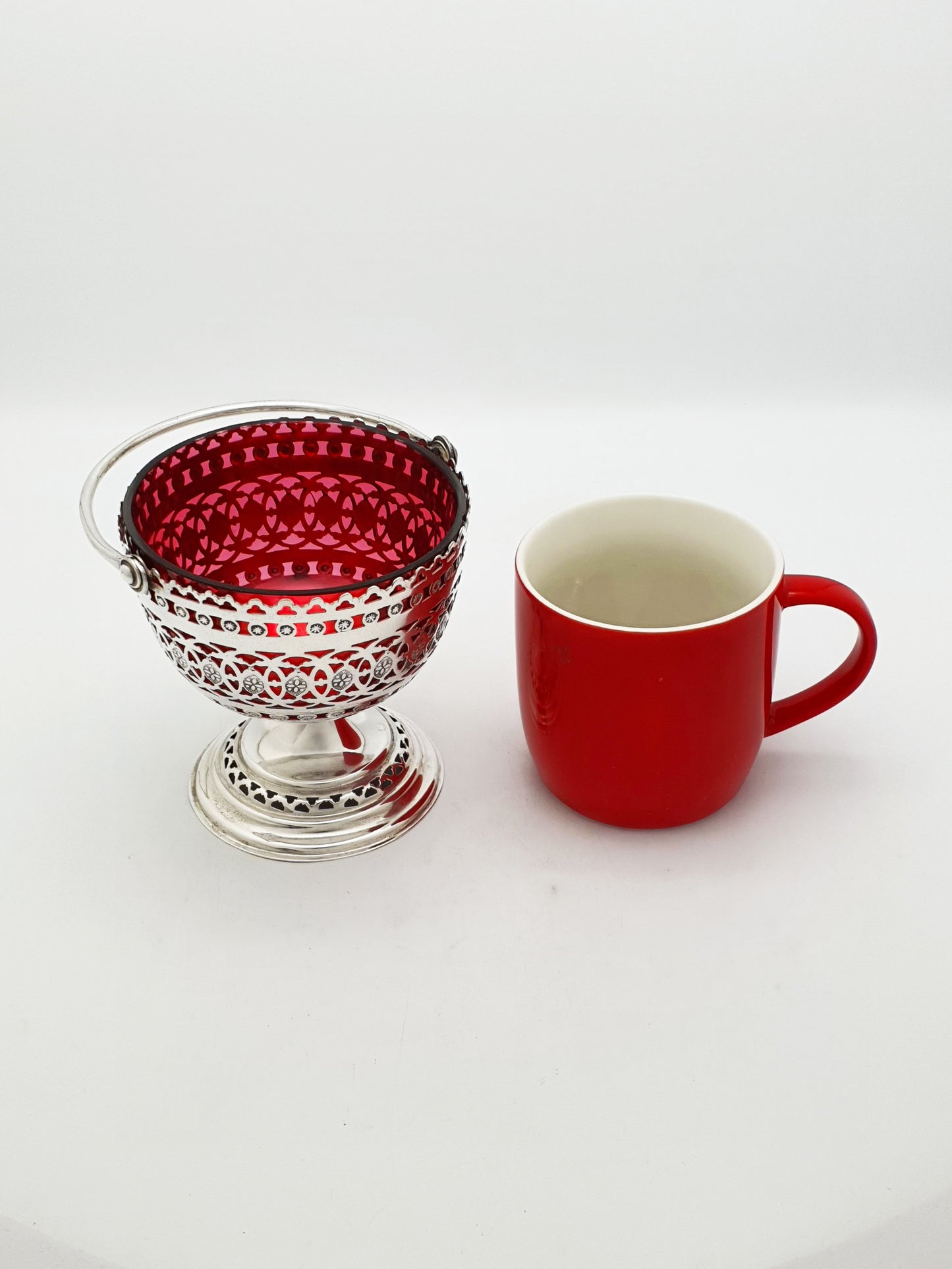 Antique Edwardian Silver Plated Pierced Basket With Ruby Glass Liner – circa 1905