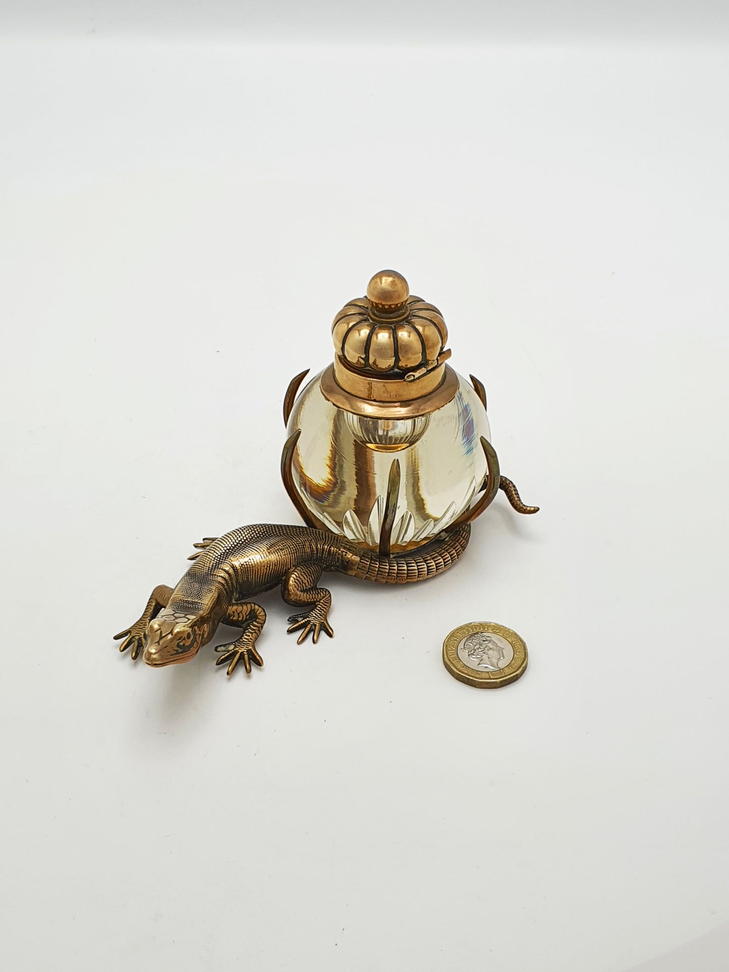 Fabulous Antique Victorian Brass and Glass Lizard Inkstand – circa 1880