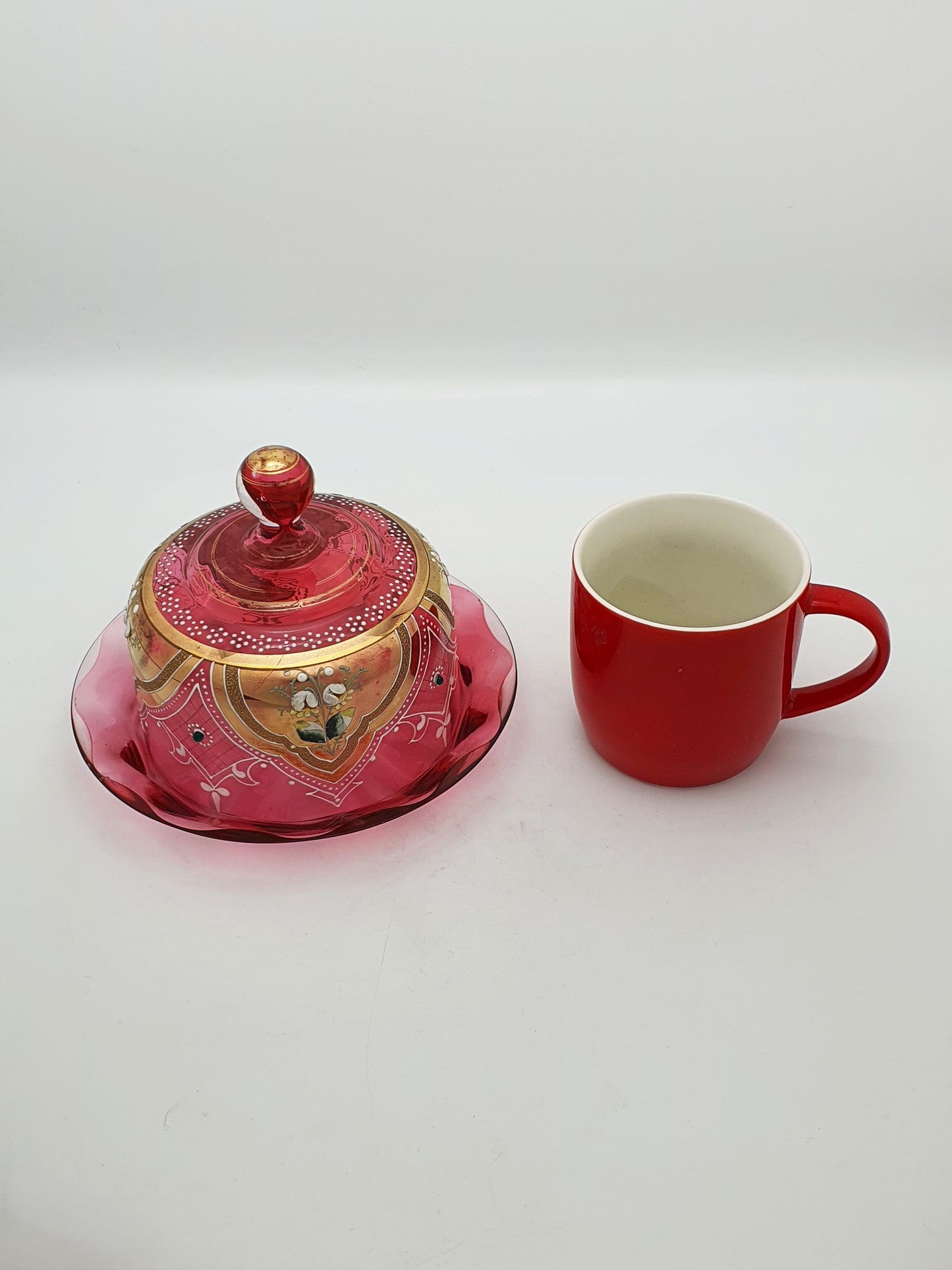 Small Antique Continental Cranberry Glass Covered Cheese Dish – circa 1900