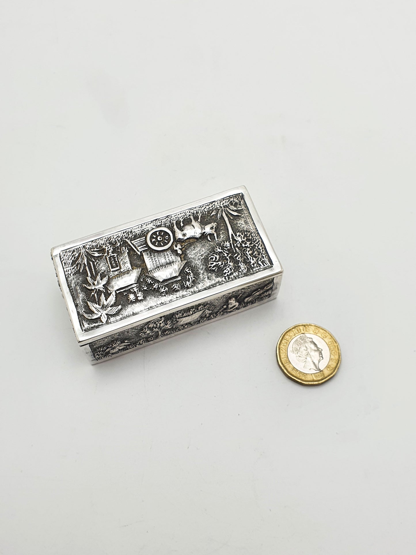 Antique Indian Silver Village Scene Repoussé Rectangular Trinket Box – circa 1900