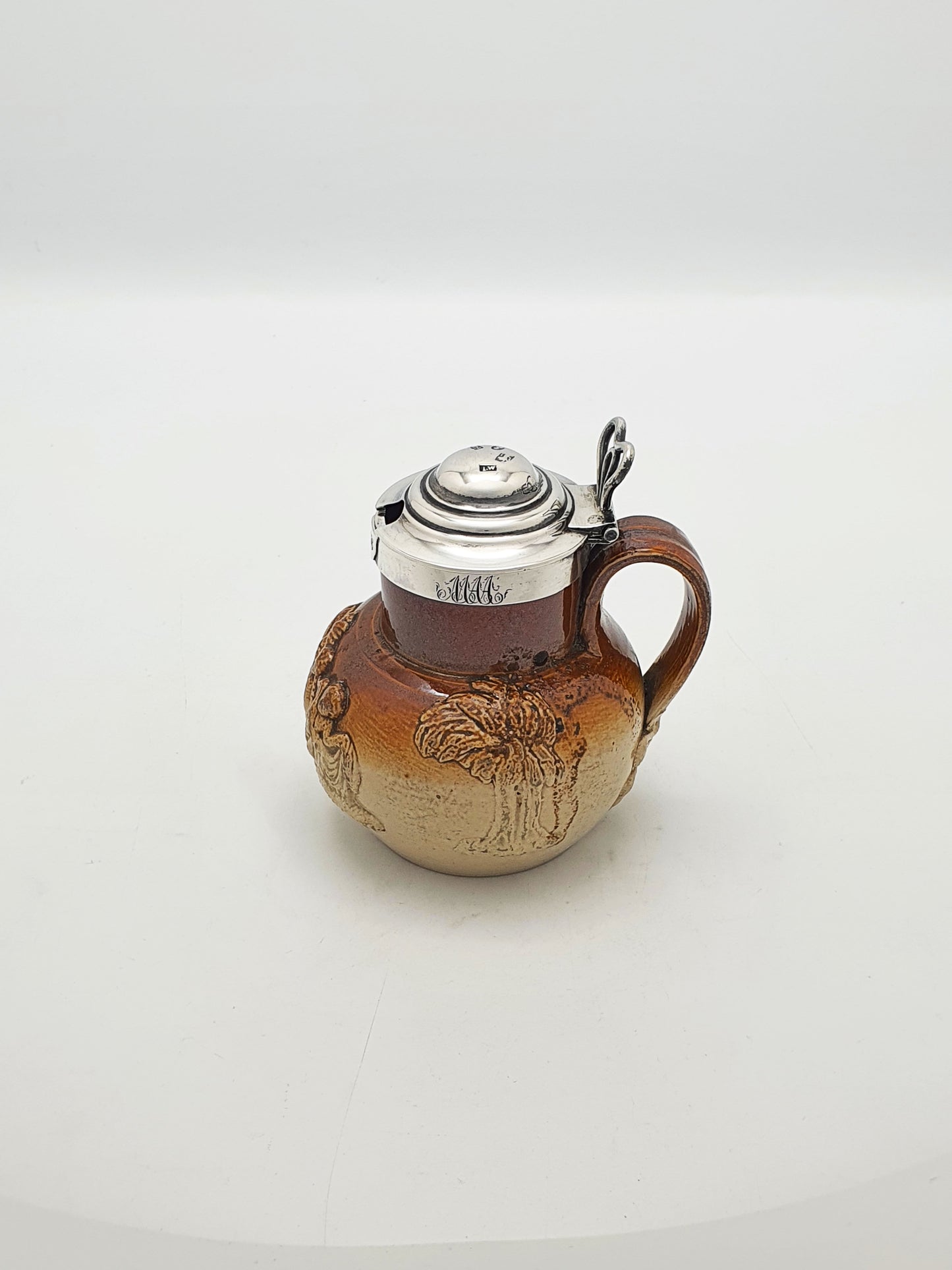 Antique Georgian Stoneware Jug With Sterling Silver Collar & Hinged Lid – 1828