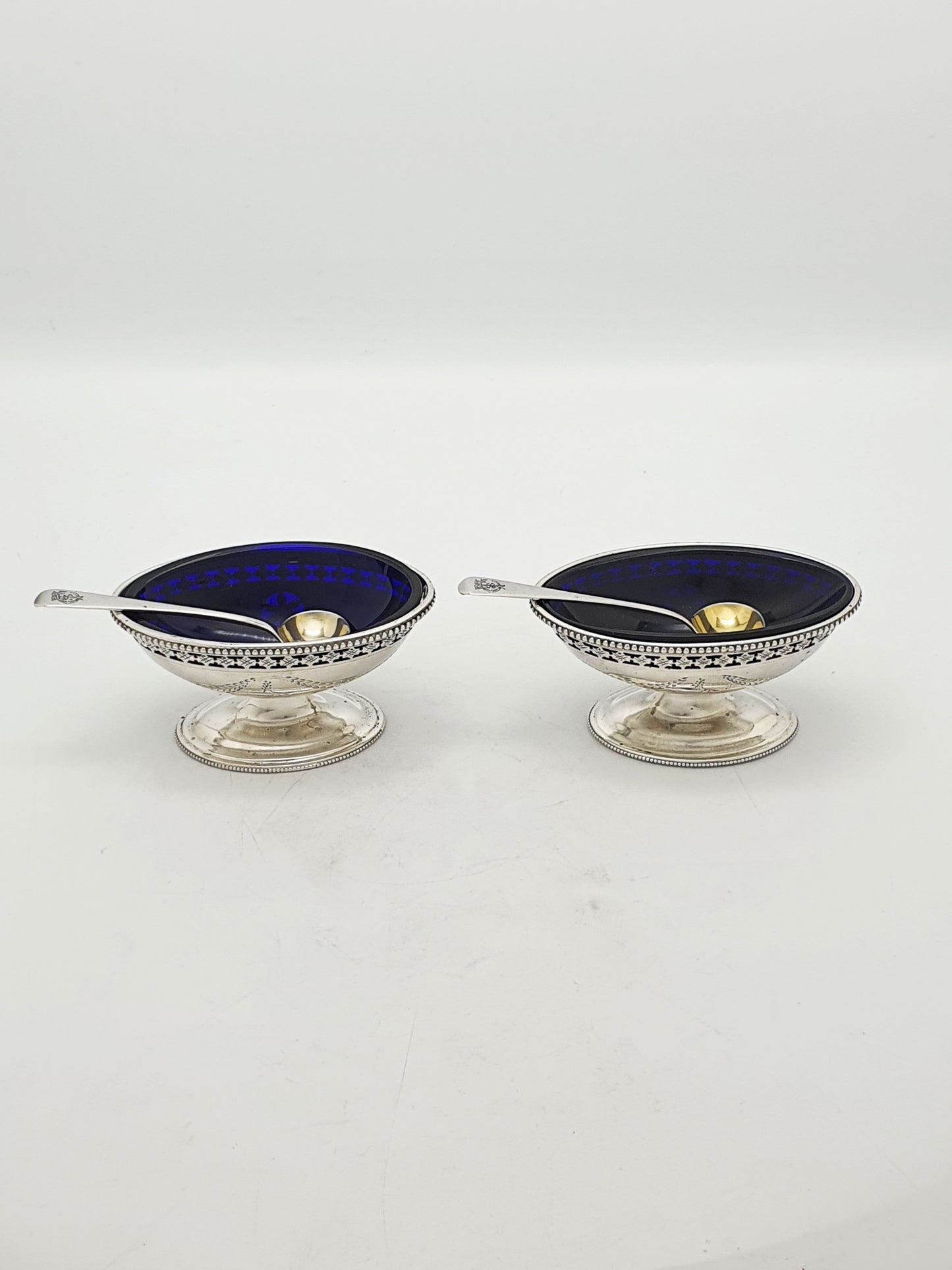 Pair of Antique Edwardian Sterling Silver Salt Cellars With Cobalt Glass Liners - 1902