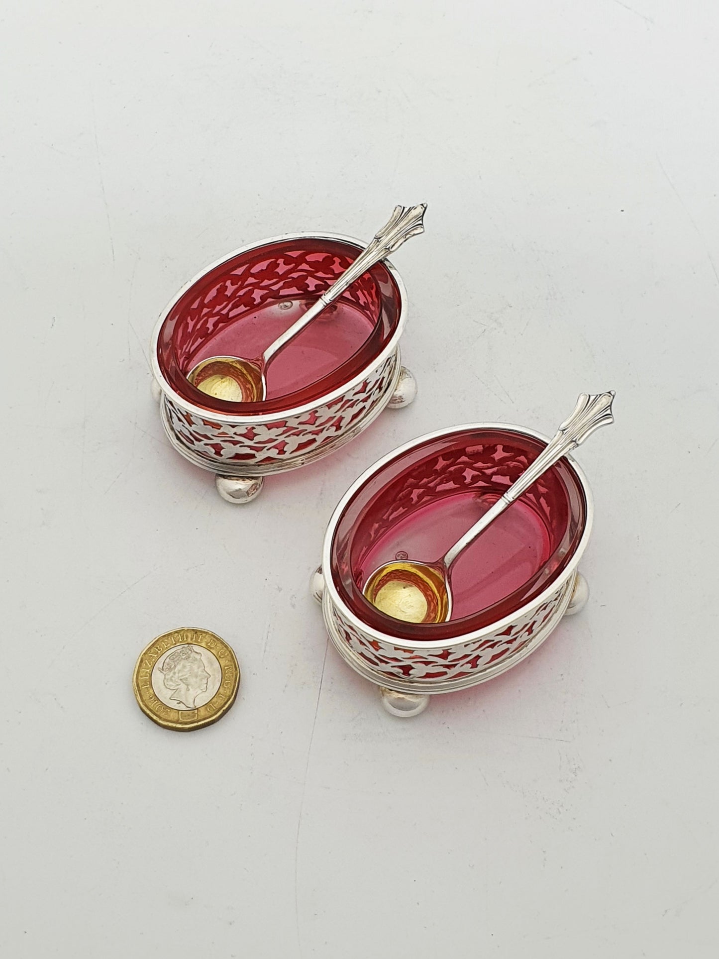 Antique Edwardian Silver Plated Openwork Salts With Cranberry Glass - circa 1905